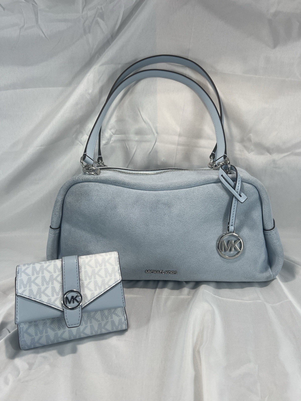 Michael Kors Cecily Medium Pale Ocean Suede Shoulder Bag & Wallet Set EUC