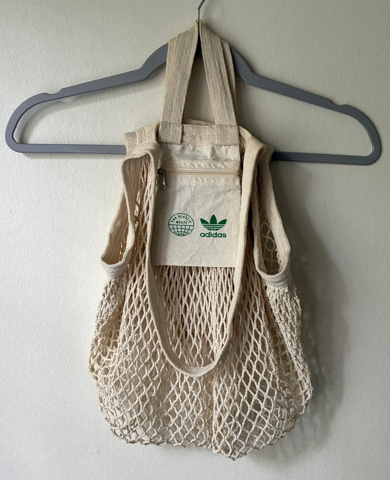 Adidas Reusable Net Mesh Natural Grocery Tote Bag Cotton With Logo Zip Pocket