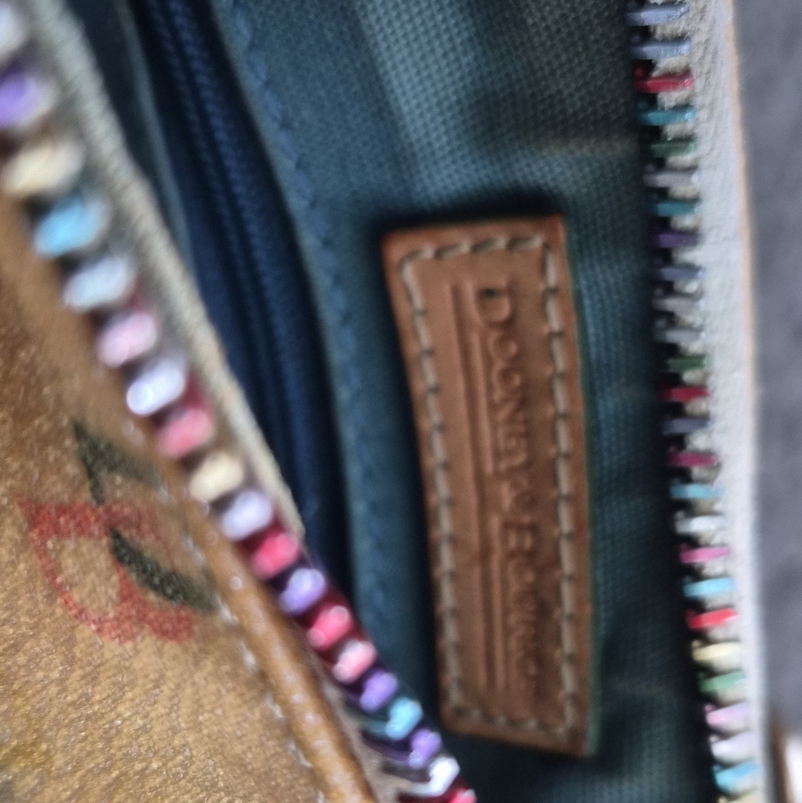 Dooney & Bourke Logo Shoulder Bag Tan Multicolor Zip Closure Heart Charm