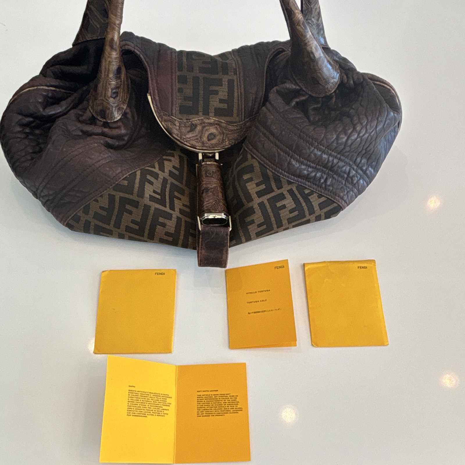 Fendi Zucca FF Monogram Brown Shoulder Bag Buckle Closure w/ Maintenance Card