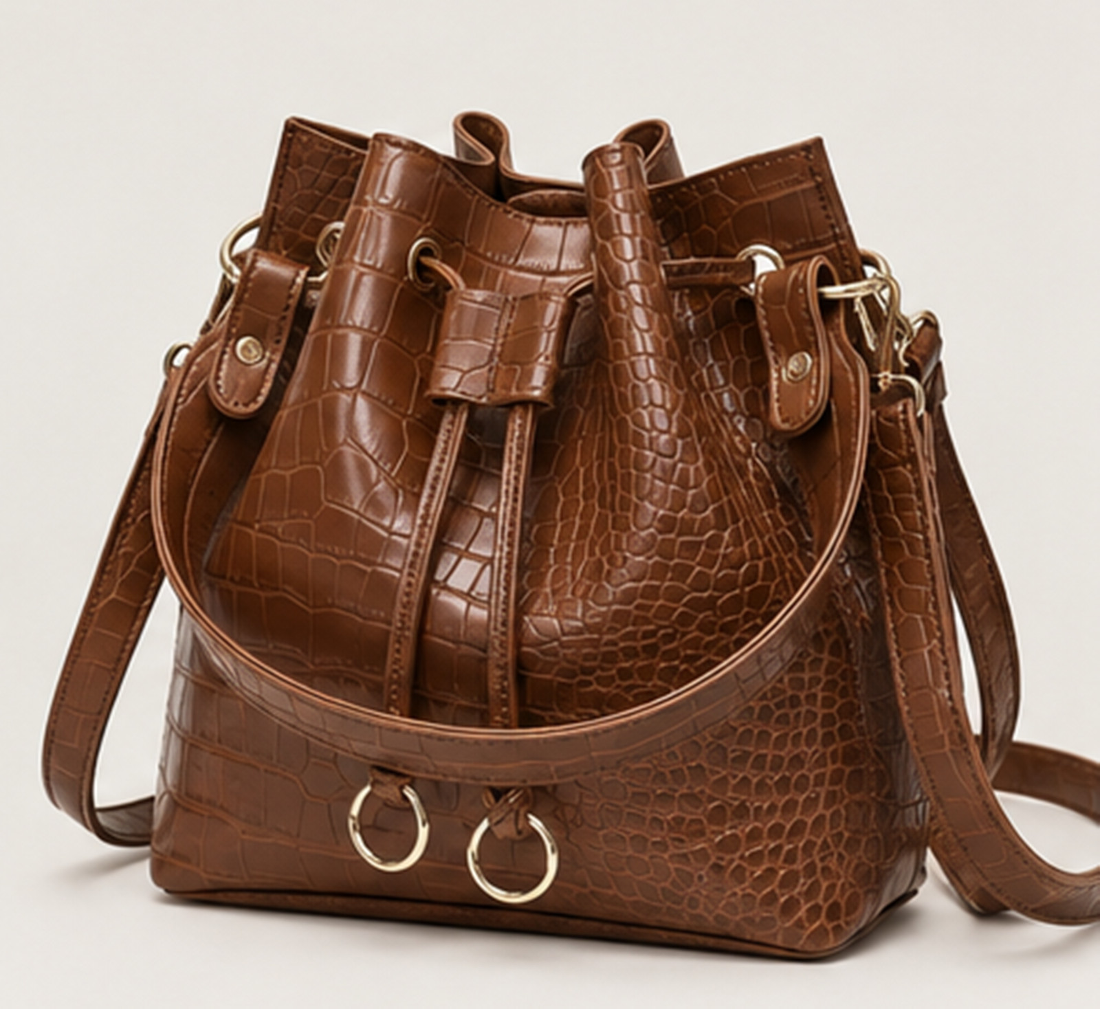 Brown Croc Bucket Bag, Embossed Leather Drawstring Purse, Cognac Shoulder Bag