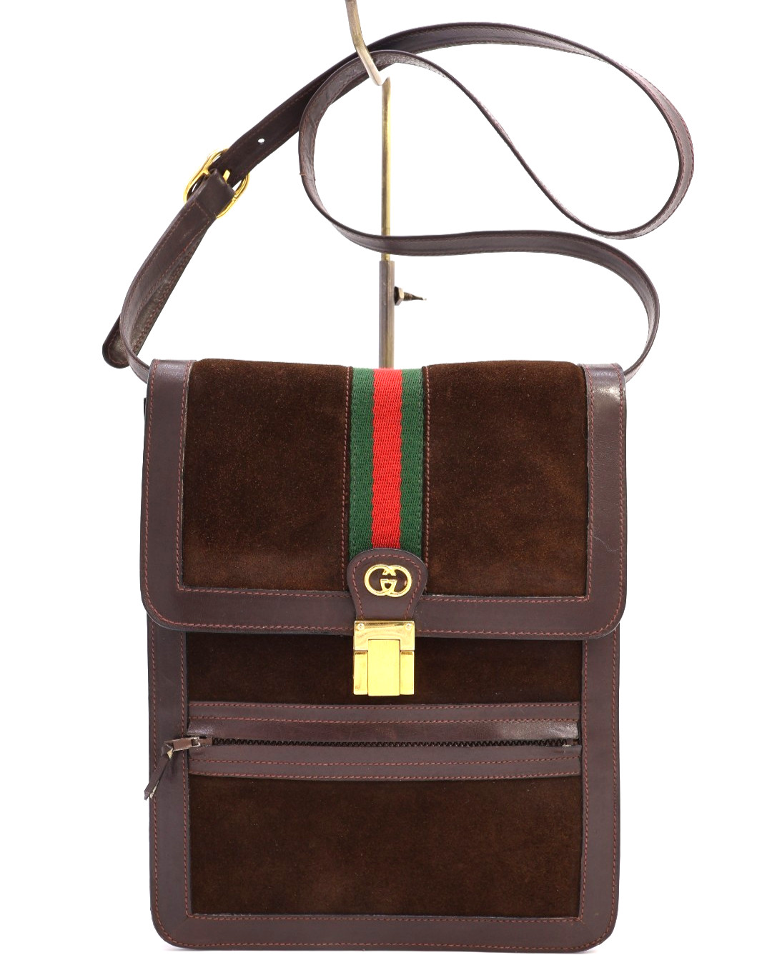 GUCCI VINTAGE Web Stripe Shoulder Bag Suede Leather Brown Classic Authentic