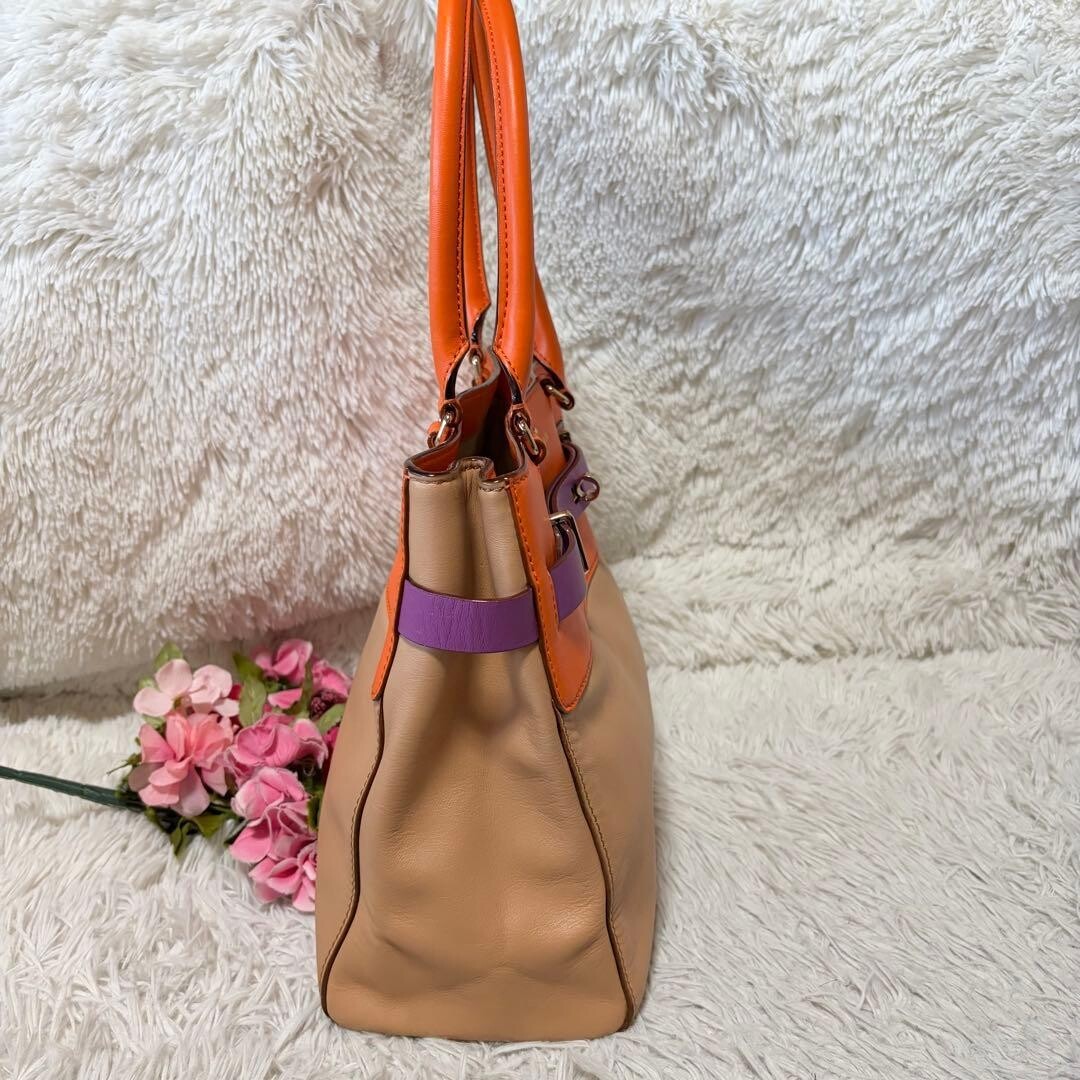 Kate Spade New York Beige Orange Leather Tote Bag Gold Turn Lock A4 Work 34cm