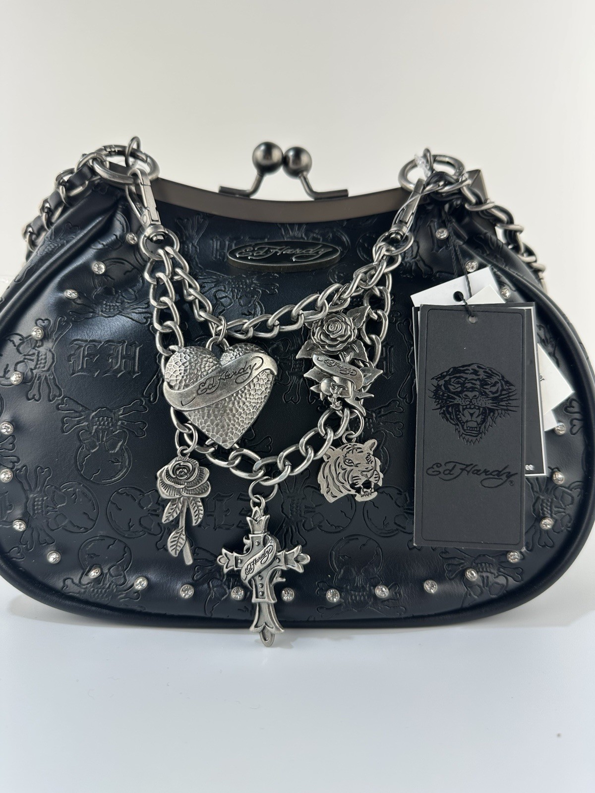 ED HARDY Black SKULL Rose Logo EMBOSSED Studded SATCHEL Tote Bag With Charms NEW