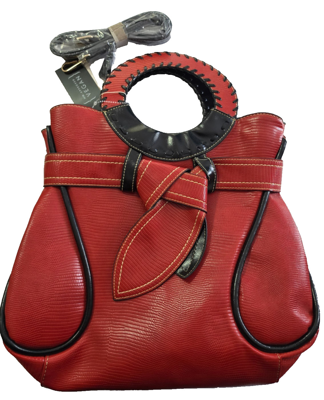 Le Miel Red Vegan Leather Handbag Round Handle Satchel Purse New With Tags