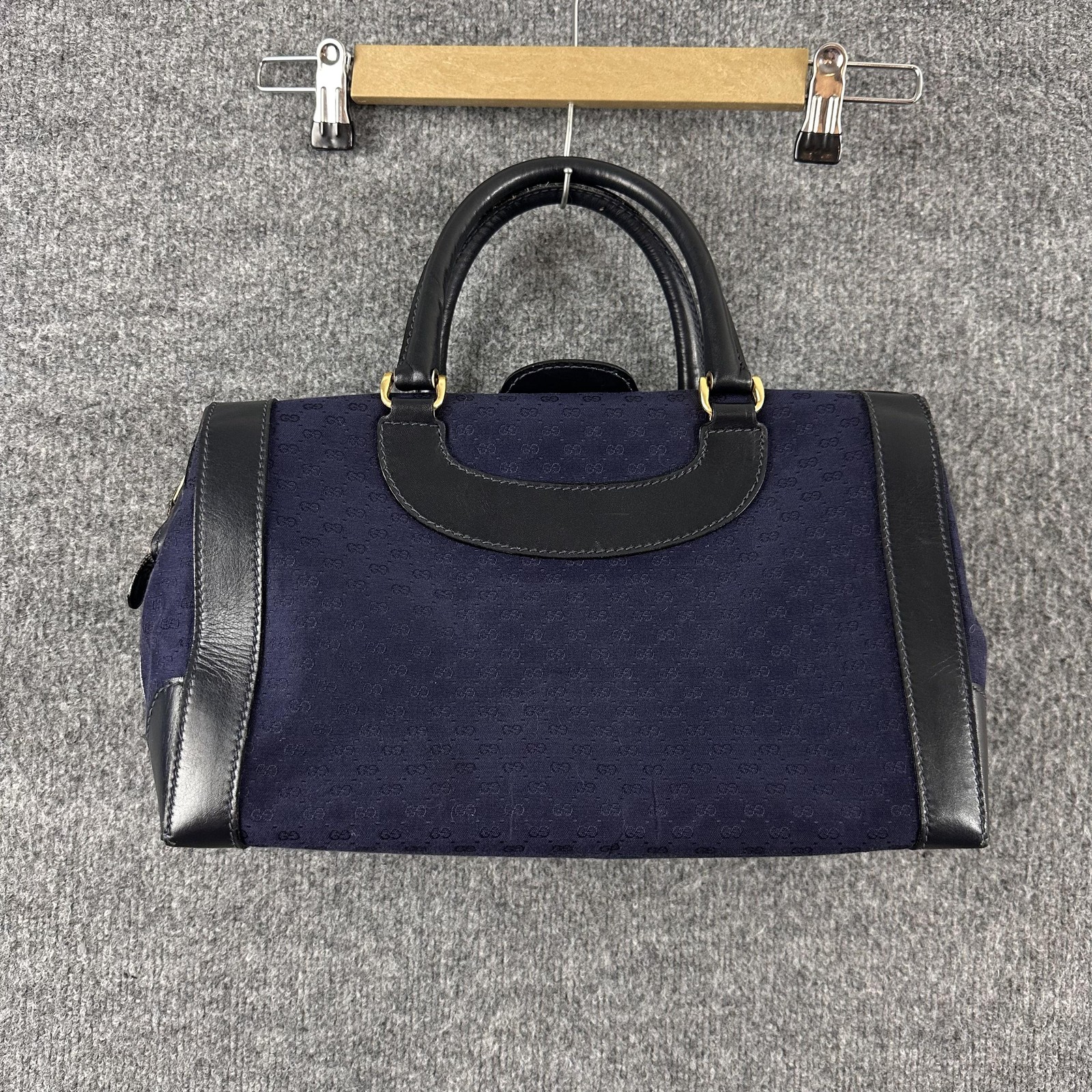 Vtg Gucci Micro GG Canvas Boston Satchel Bag Handle Navy Leather Italy 90s 80s
