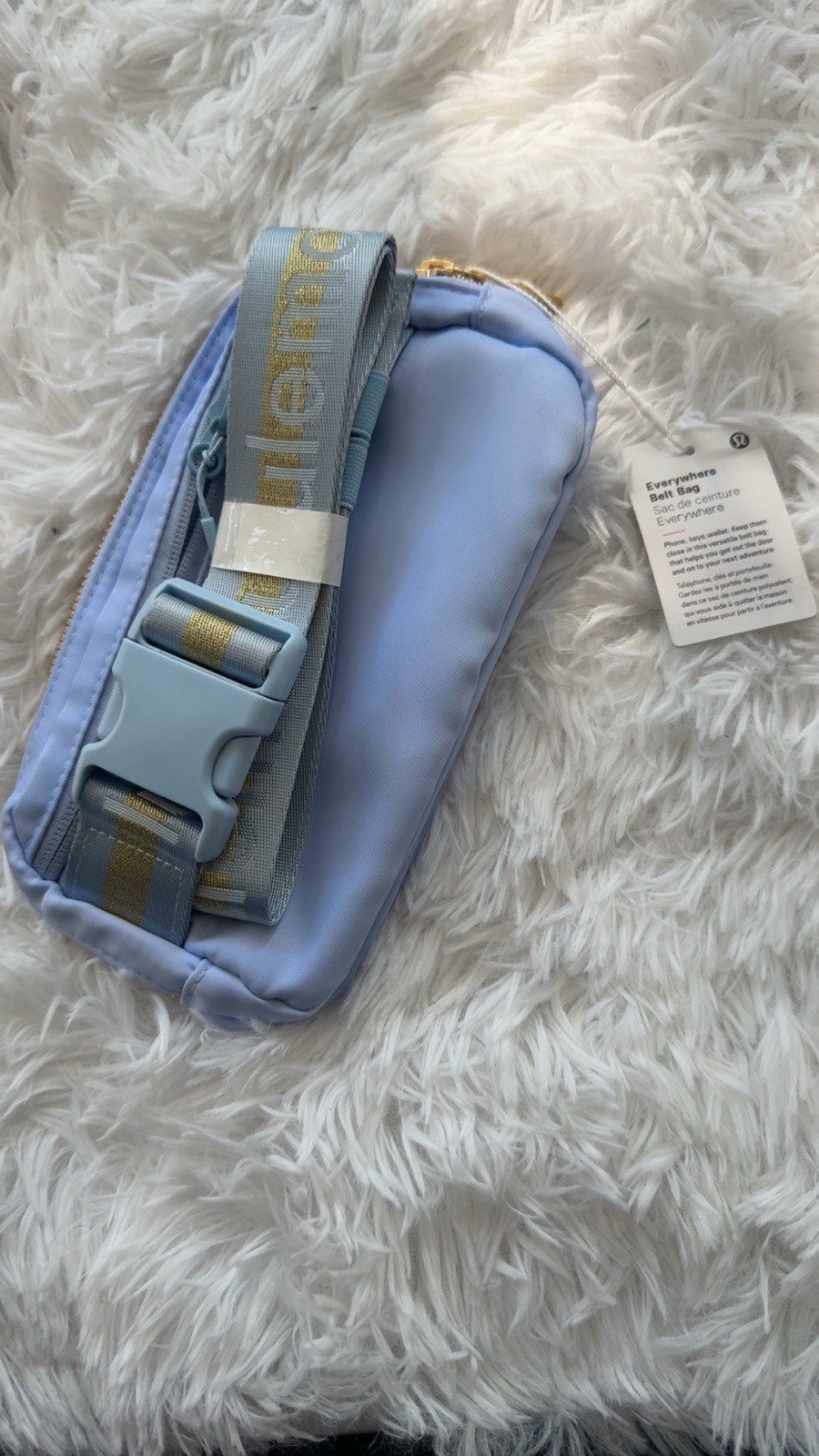 lululemon athletica Light Blue Belt Bag Zip Top Adjustable Strap Gold Hardware