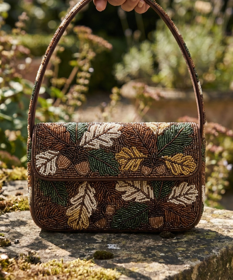 Hand Beaded Fall Oak Leaf Bag Earth Tone Forest Acorn Seed Bead Shoulder Purse