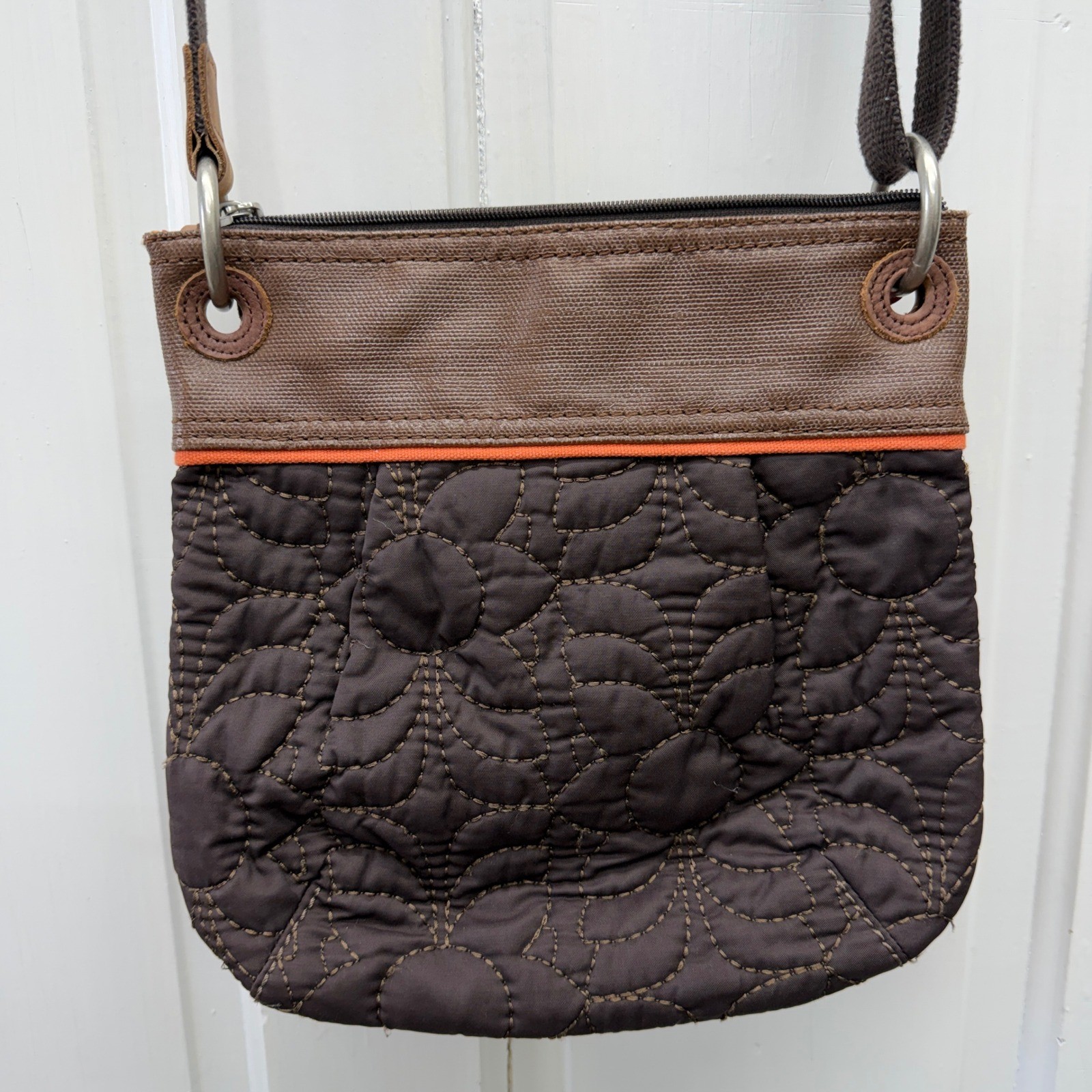 Fossil Key-Per Brown Quilted Floral Nylon Canvas Crossbody Bag Orange Key Charm