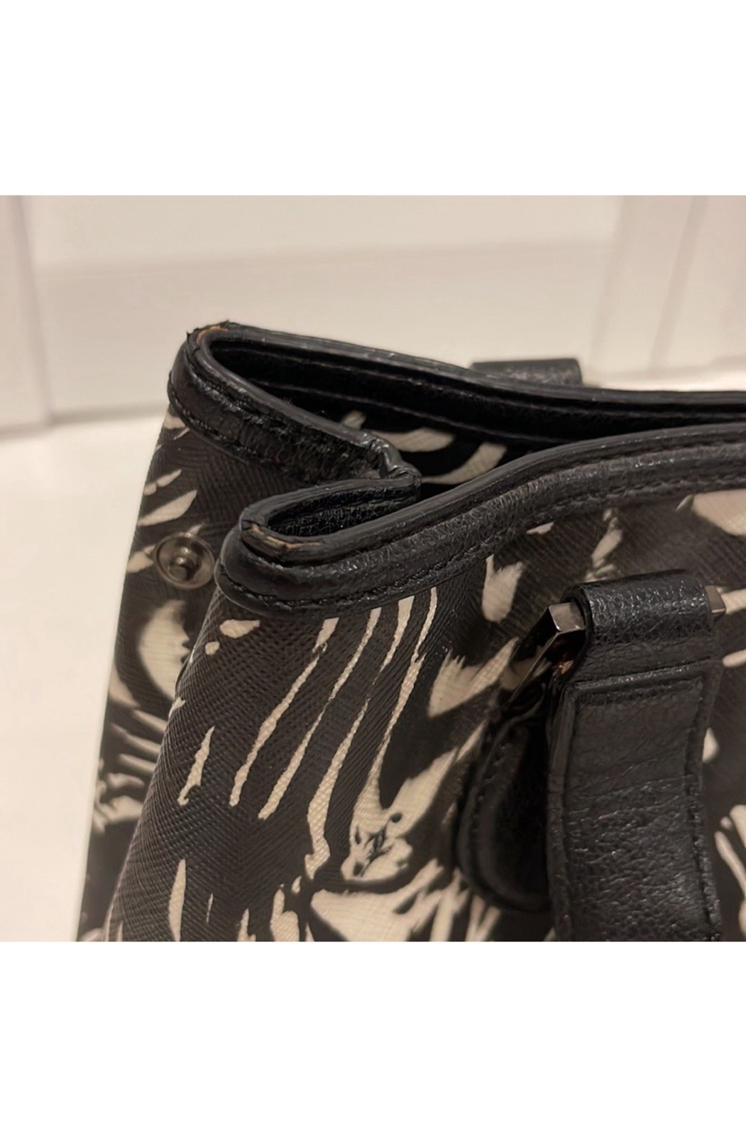 L.A.M.B. Black White Abstract Art Satchel Zip Top Double Handles Lined Pockets