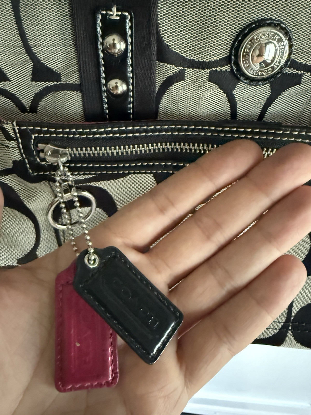 Coach Signature Logo Black Gray Canvas Shoulder Bag Hot Pink Lining Charm Silver