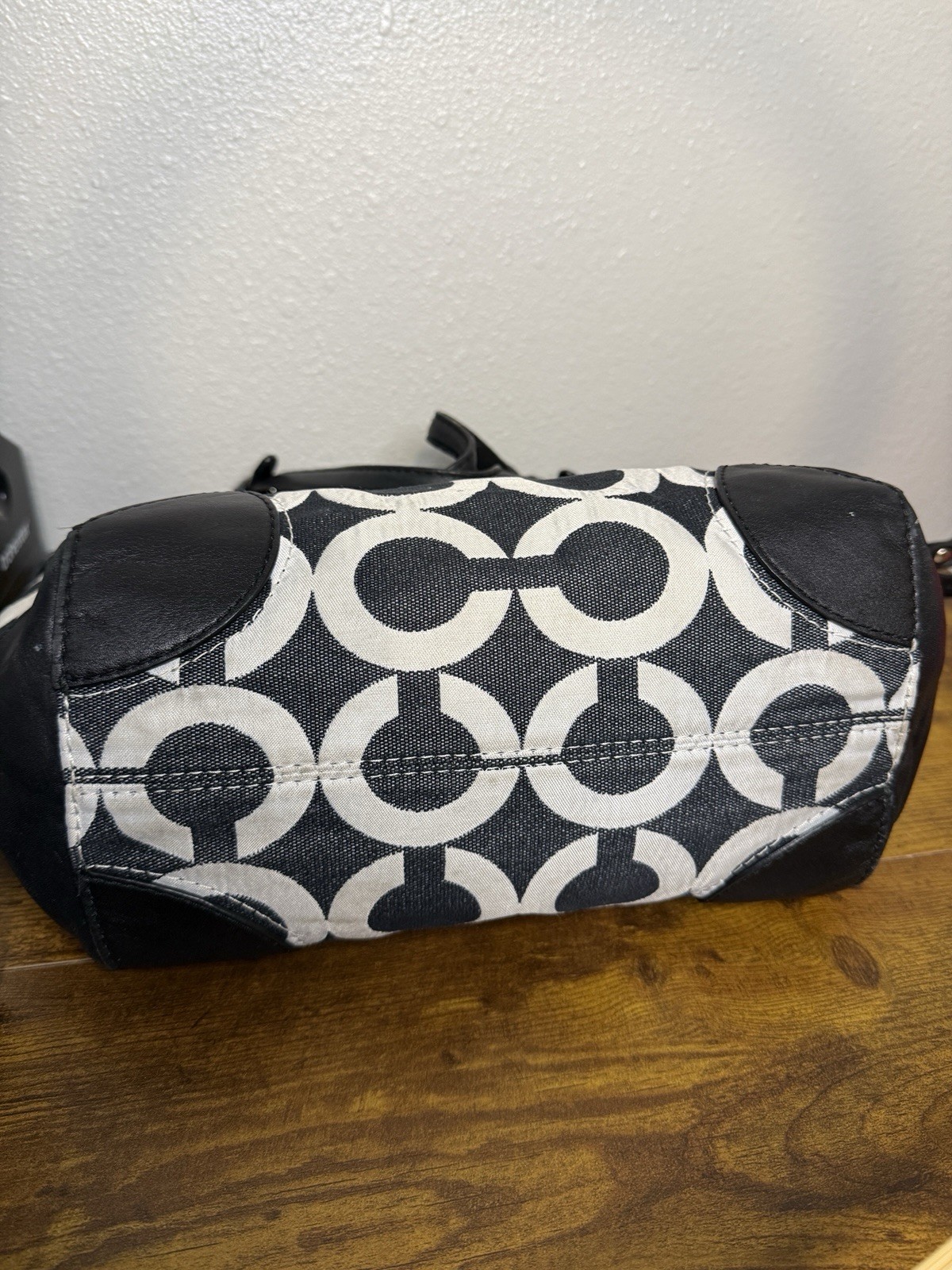 Coach Signature Op Art Draw String Sides Hobo Handbag Black White 14573