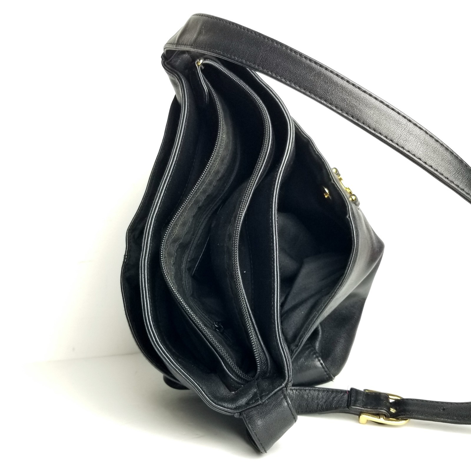 Etienne Aigner Black Genuine Leather Shoulder Bag Gold Tone Logo Classic