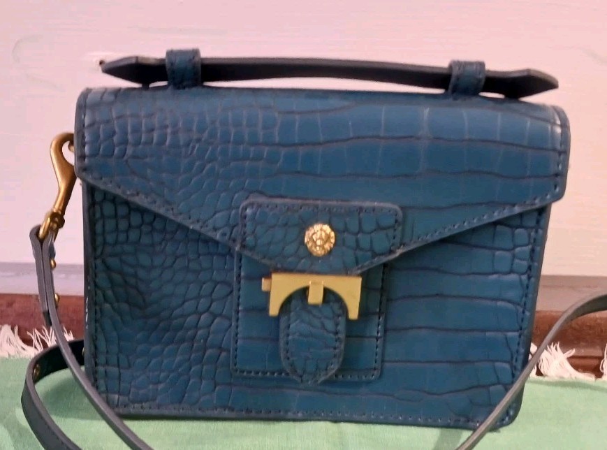 Vtg anne klein Crossbody Denim Blue BRUSHED GOLD hardware Top Handle bag Y2k
