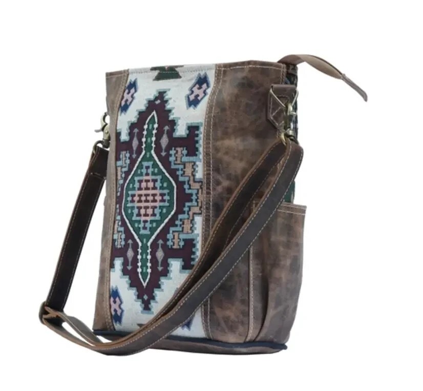 Hopofly Leather and Up Cycled Geometric Print Canvas Shoulder Bag
