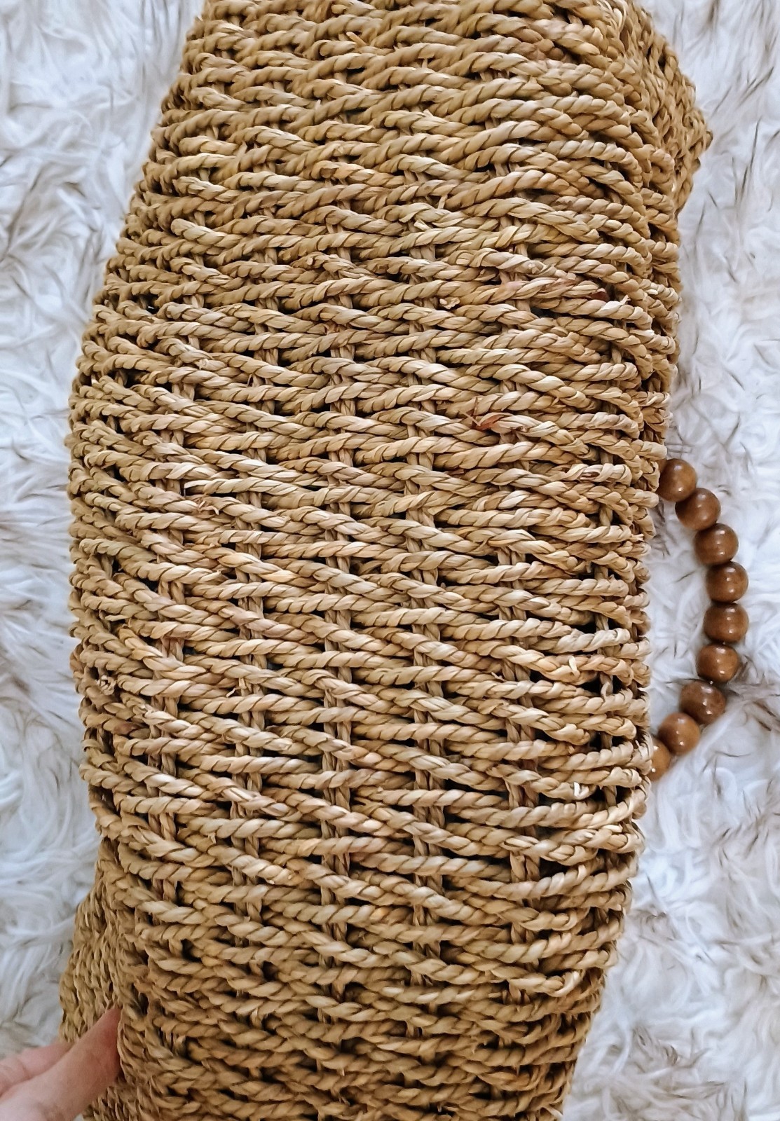 Large Woven Straw Rattan Beach Bag Tote Purse Half Moon Wood Bead Handle Lined