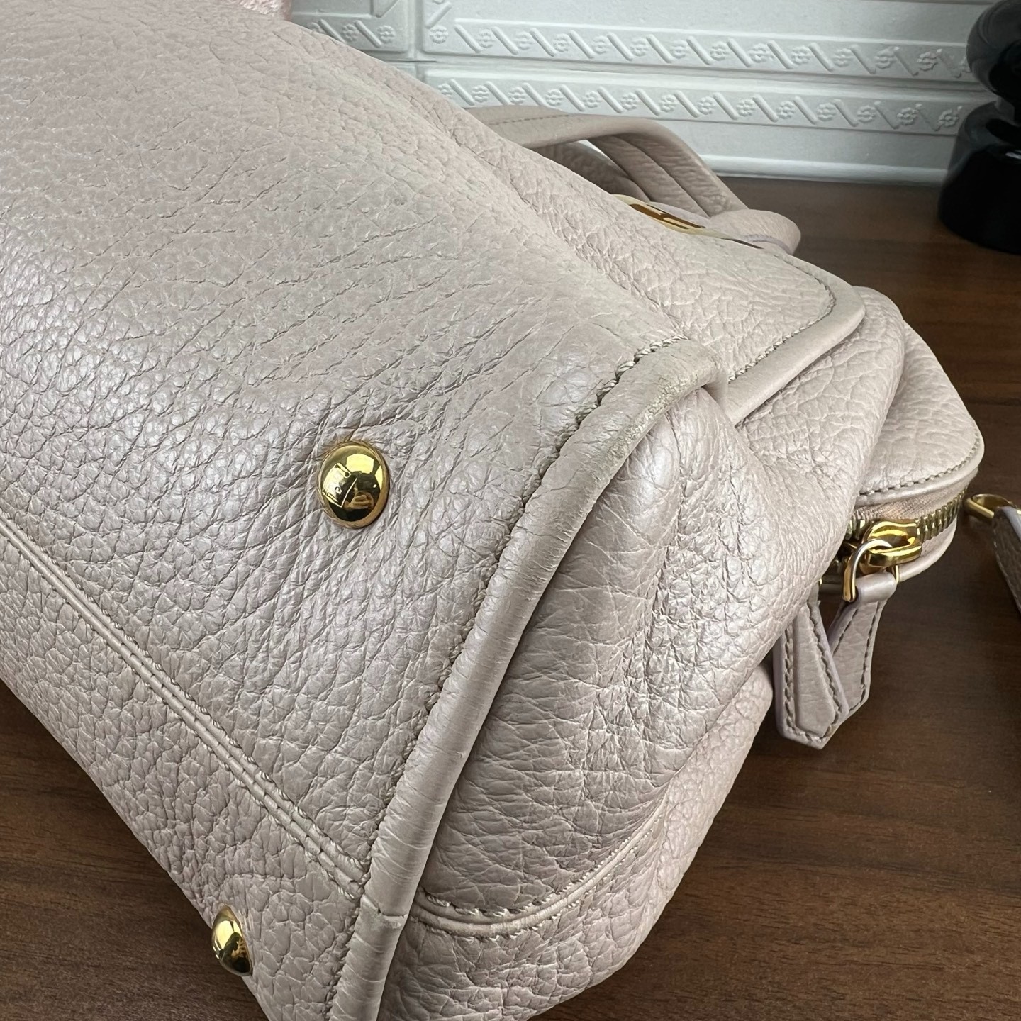 Authentic Fendi zippered milk tea color handbag with top handle shoulder strap
