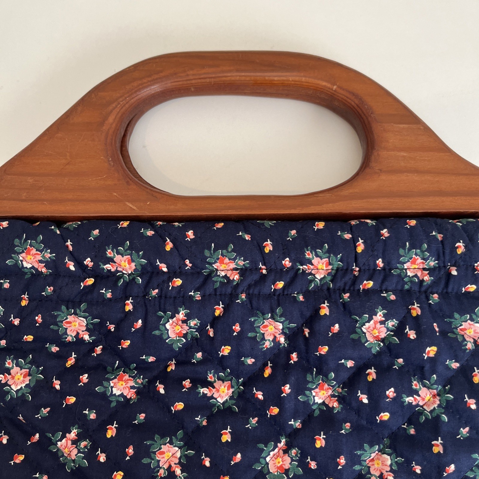 Vintage Preppy Handbag Wooden Frame Handle Dark Blue Floral Quilted Bag 15” EUC