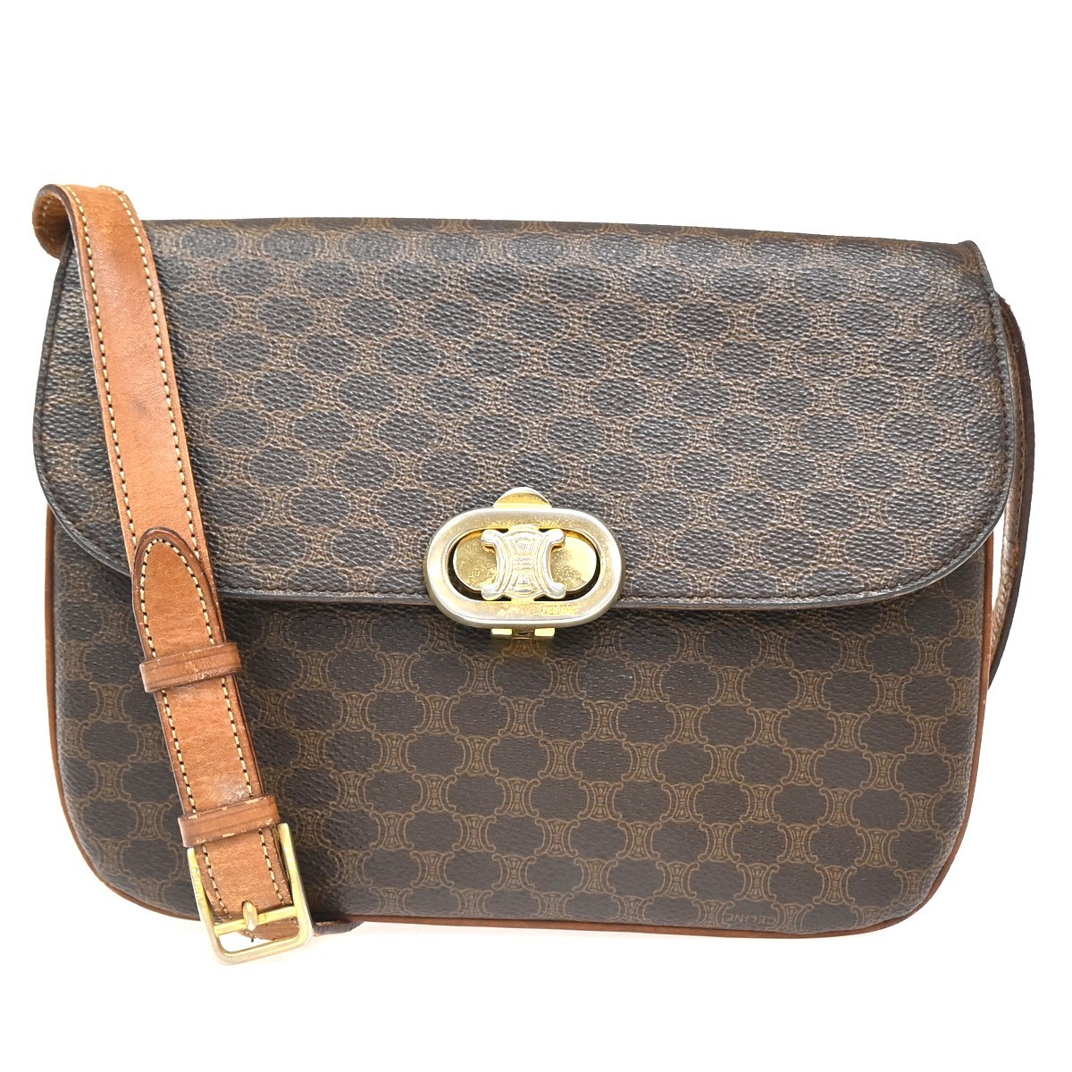 CELINE Logo Macadam Pattern Shoulder Bag PVC Leather Brown GHW Italy 02ZA058