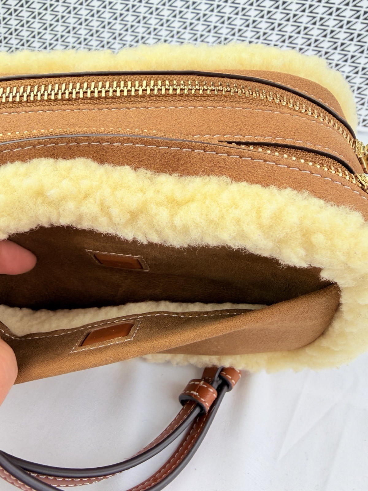 Tory Burch Perry Bombe genuine shearling crossbody bag in a brown NWT