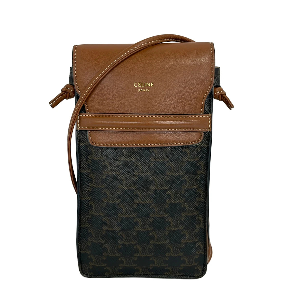 CELINE Trionf Phone Pouch Tan (Dark Brown) Brown) Triomphe Canvas Calf Skin