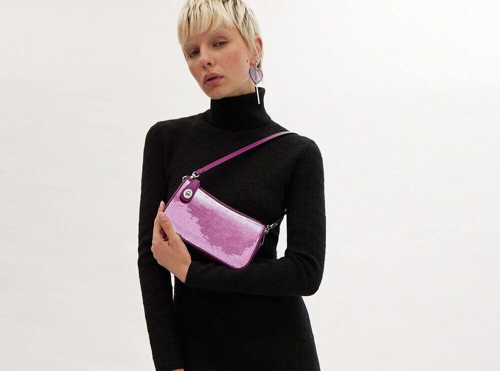 COACH Penn Sequined Shoulder Bag / Dust Bag / Dark Magenta / New Without Tags