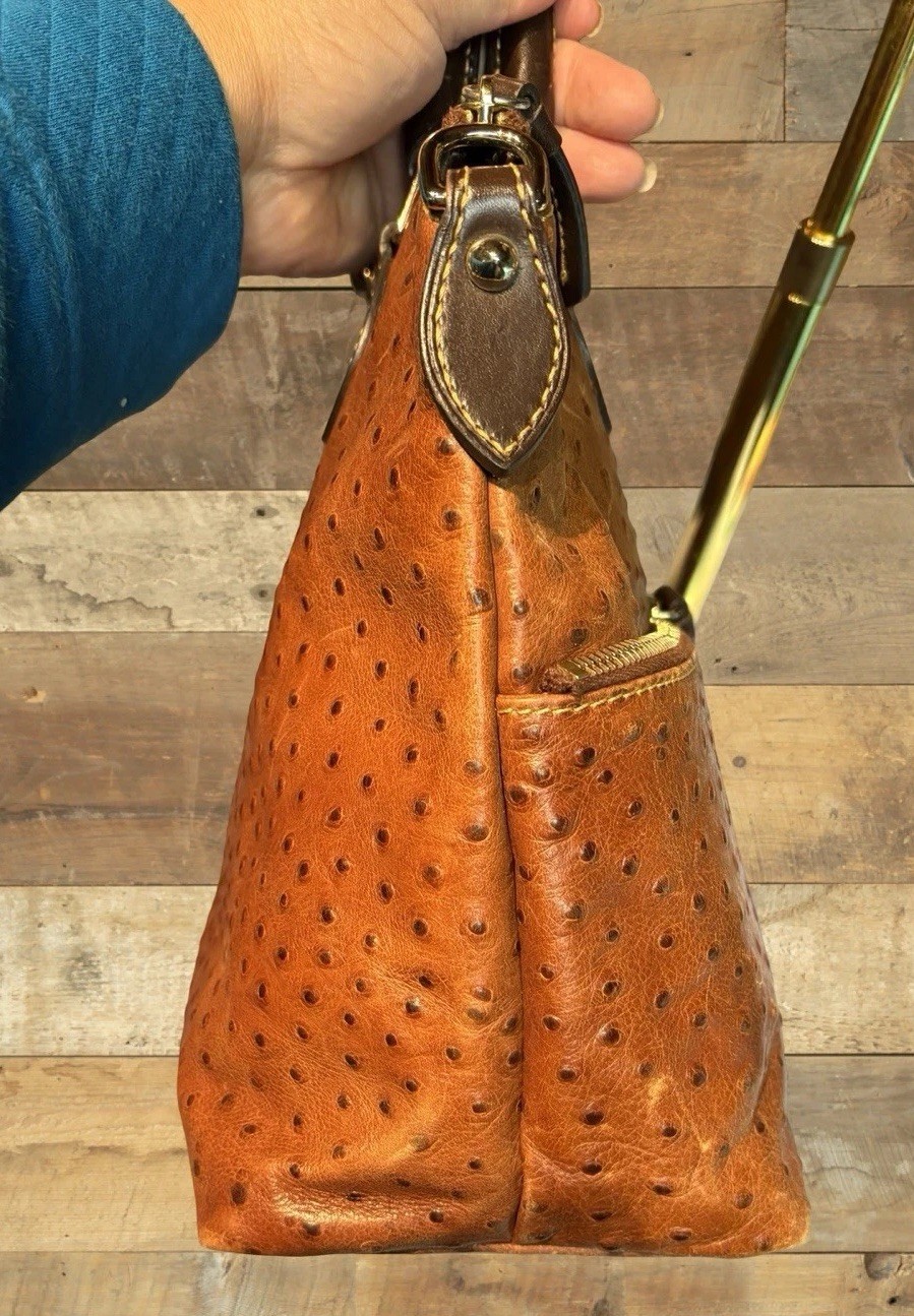 Dooney Bourke Chestnut Brown Ostrich Embossed Leather Front Pocket Satchel Tote