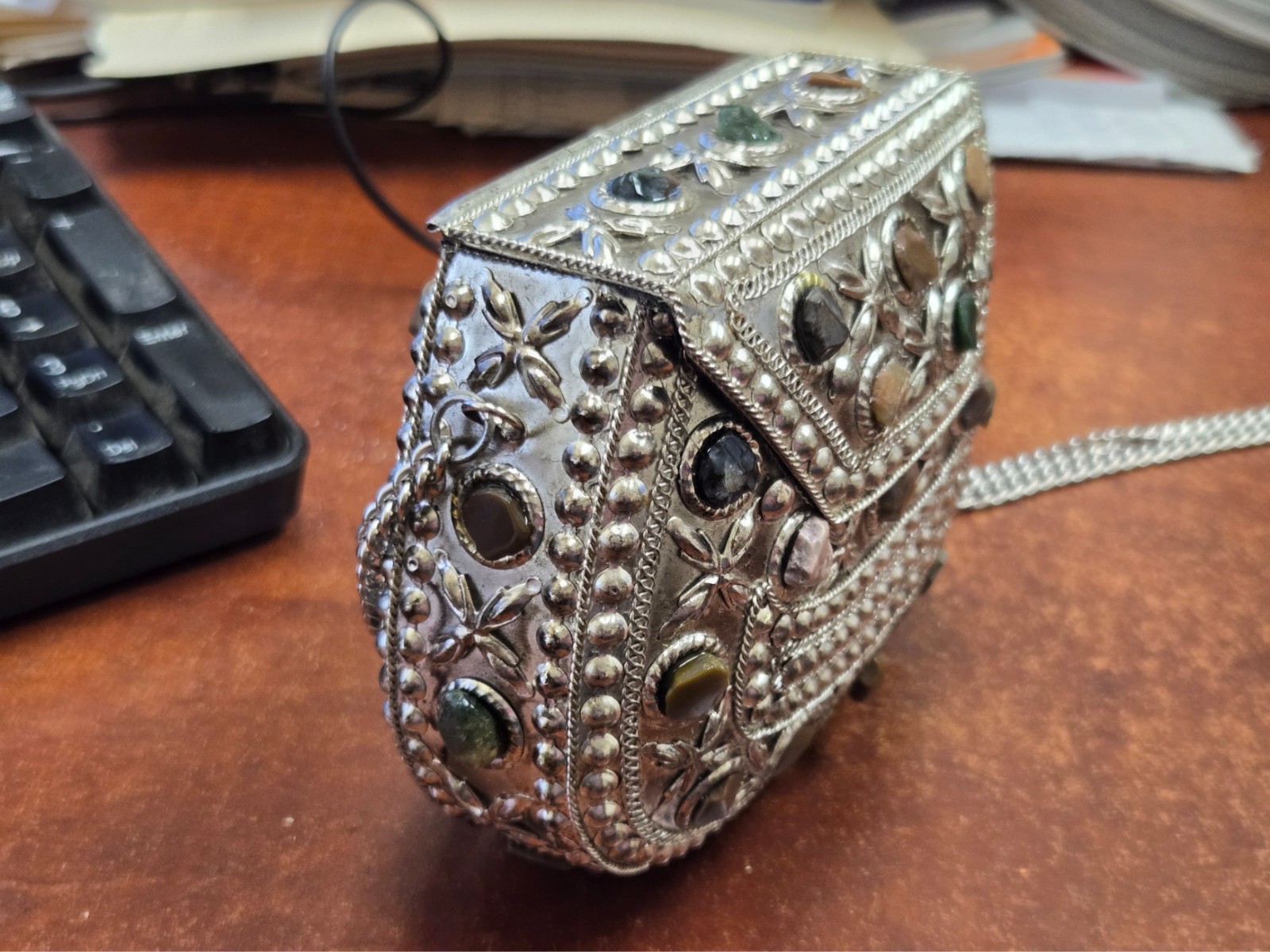 HANDMADE GEMSTONE CLUTCH VINTAGE BRASS METAL PURSE
