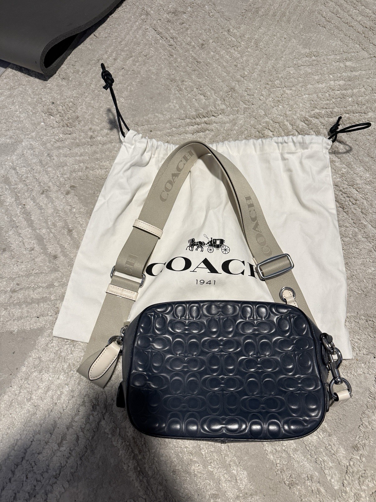 Coach Navy Embossed Leather Camera Bag with Ivory Strap