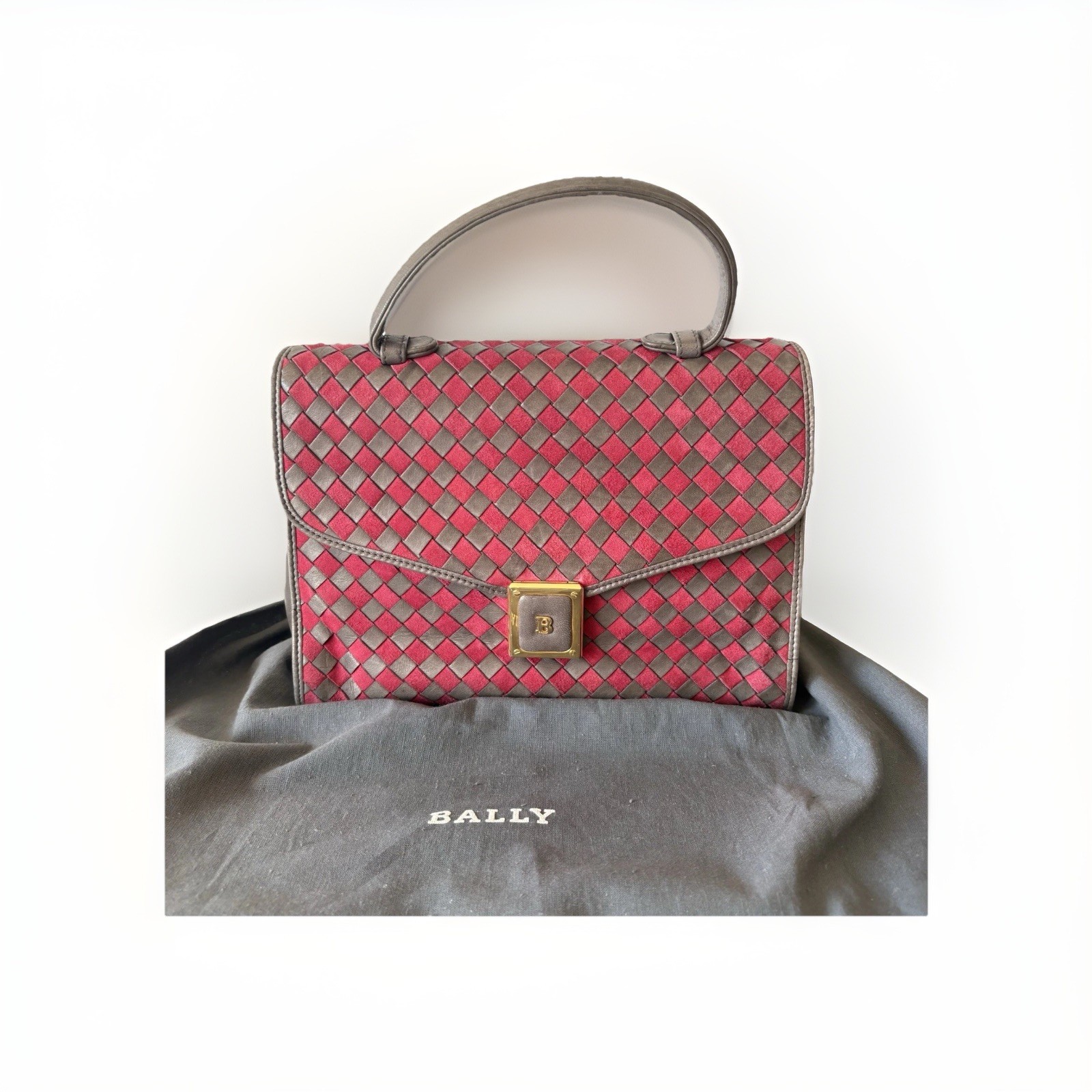 Authentic Bally Hang bag Red&Grey Leather From Japan 0967