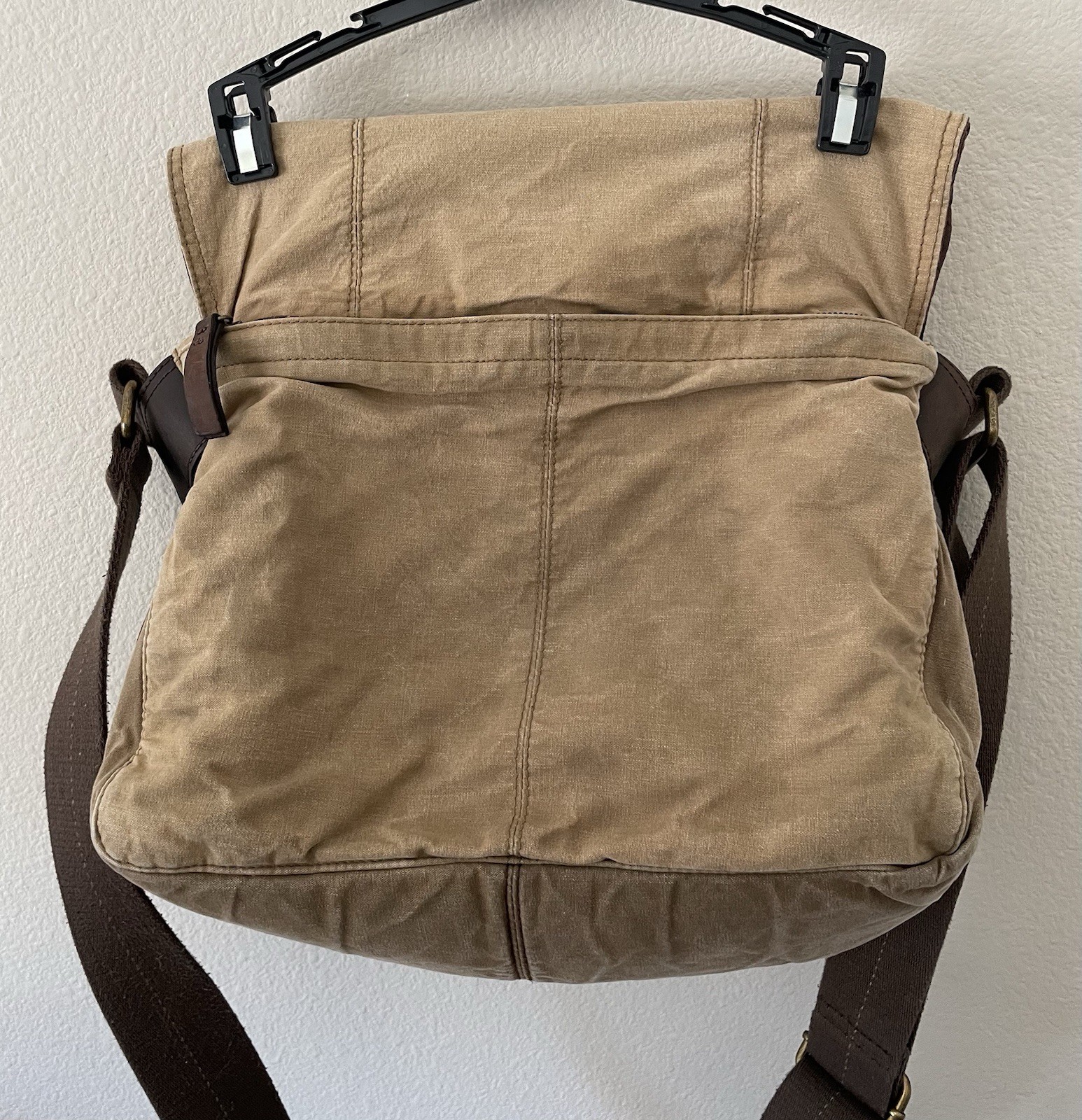 Fossil Large Tan Canvas Messenger Bag 18×12 Adjustable Strap Crossbody Y2K