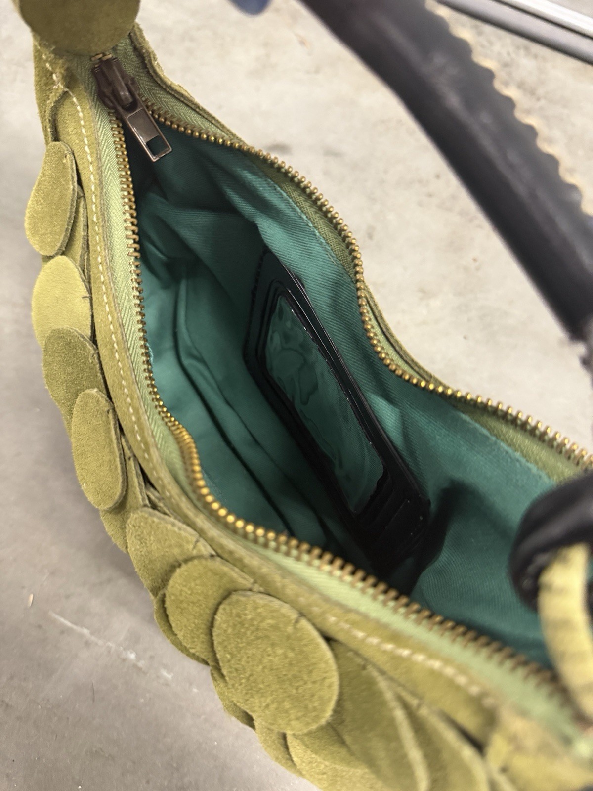 Vintage Y2K Olive Green Suede Petal Disc Crescent Hobo Shoulder Bag Boho Purse