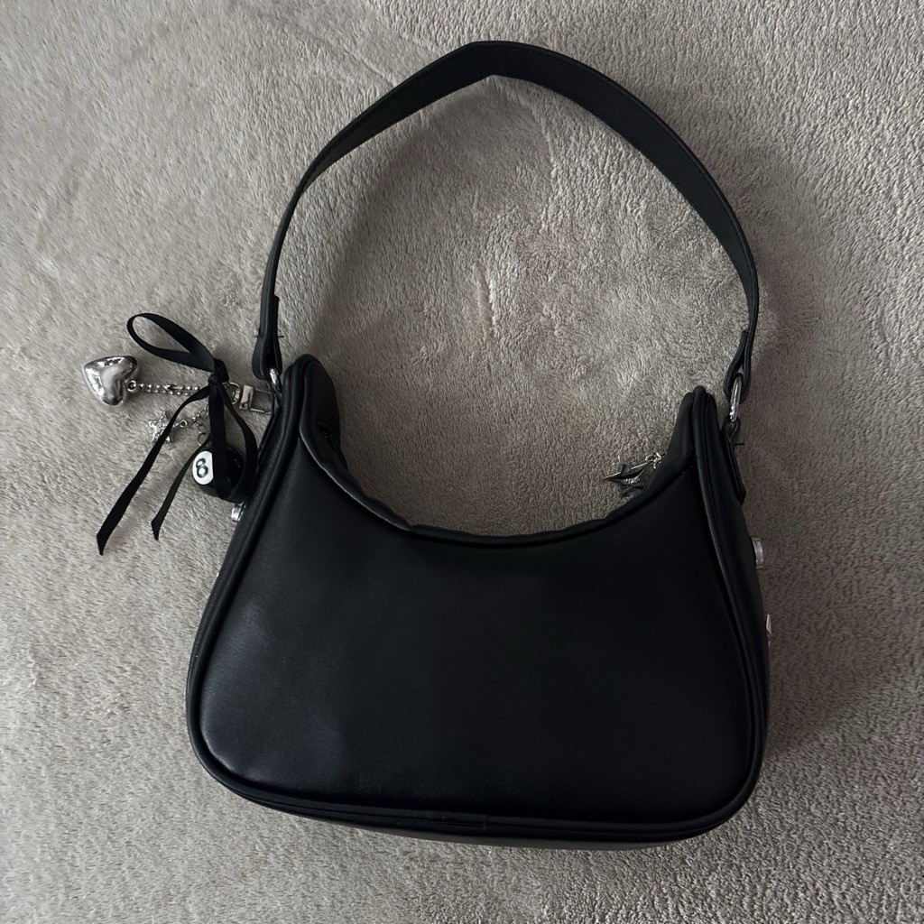 Black Crescent Women’s Shoulder Bag Zip Closure Silver Star Buckle Charm