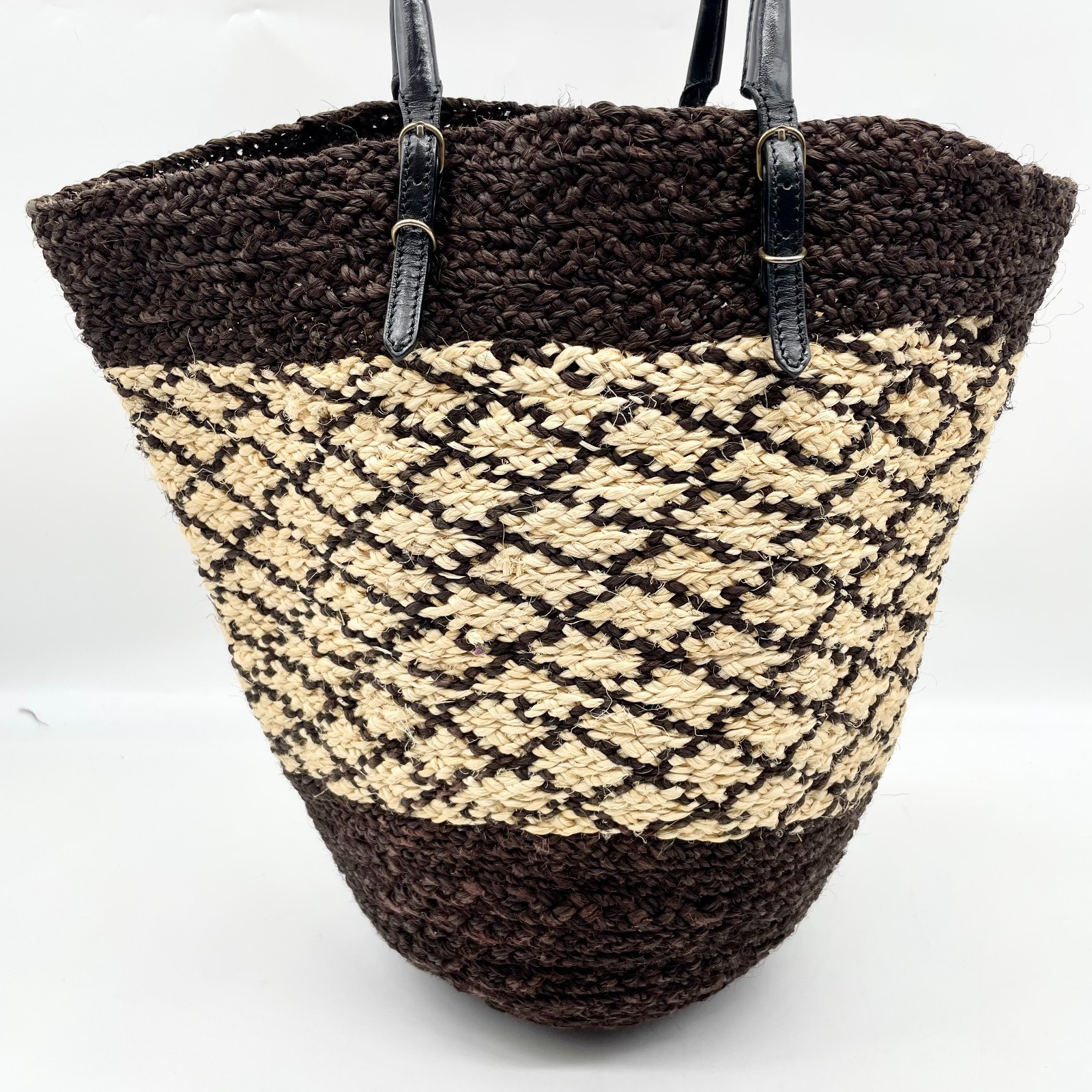 BALENCIAGA Tote Handbag Beige Black Brown Raffia Leather 286370 Y2K Authentic