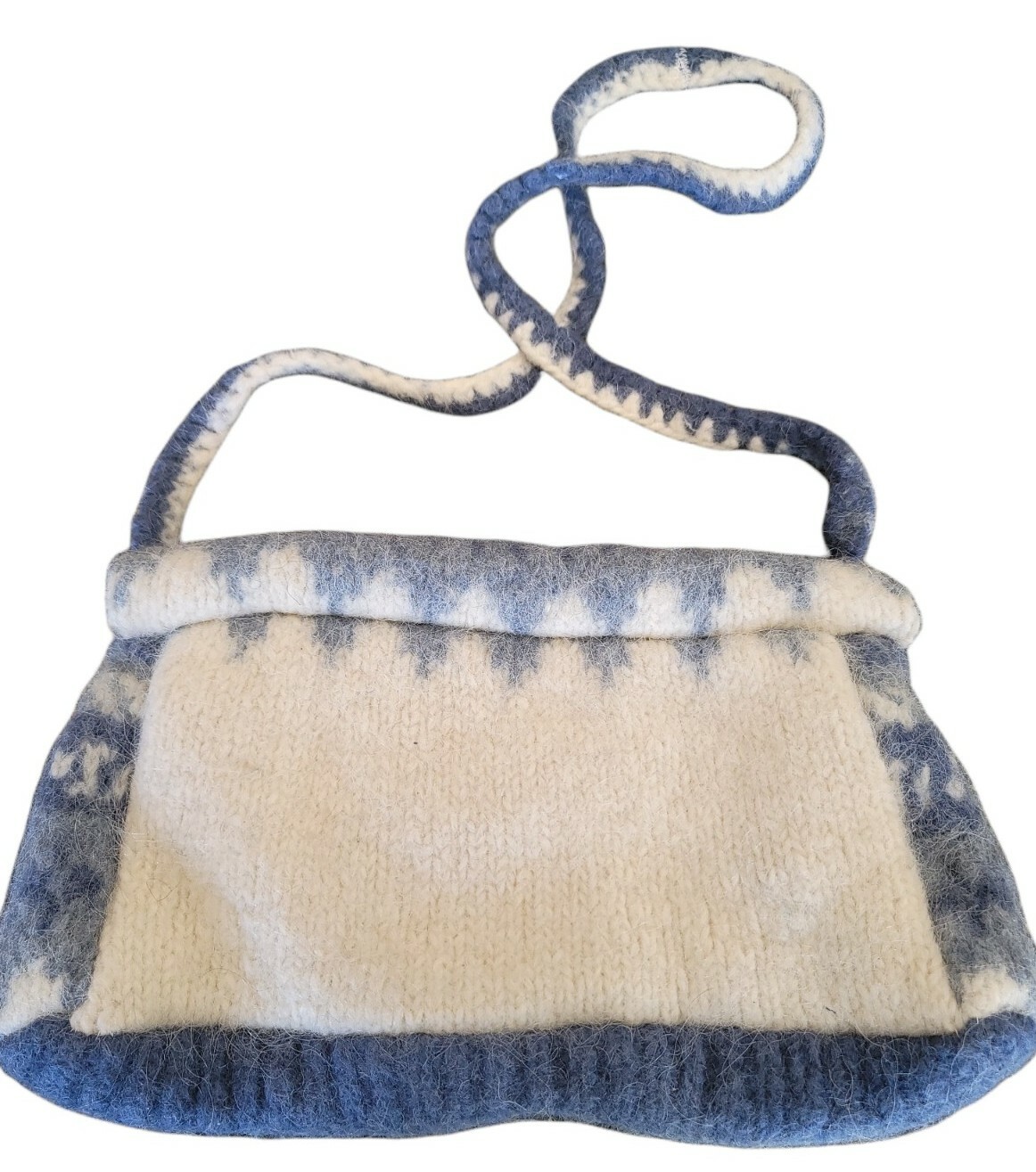 Artisan Hand Knit Wool Handbag Blue/Cream Fairaisle Wool Nordic 14″x8″ Unique☆~