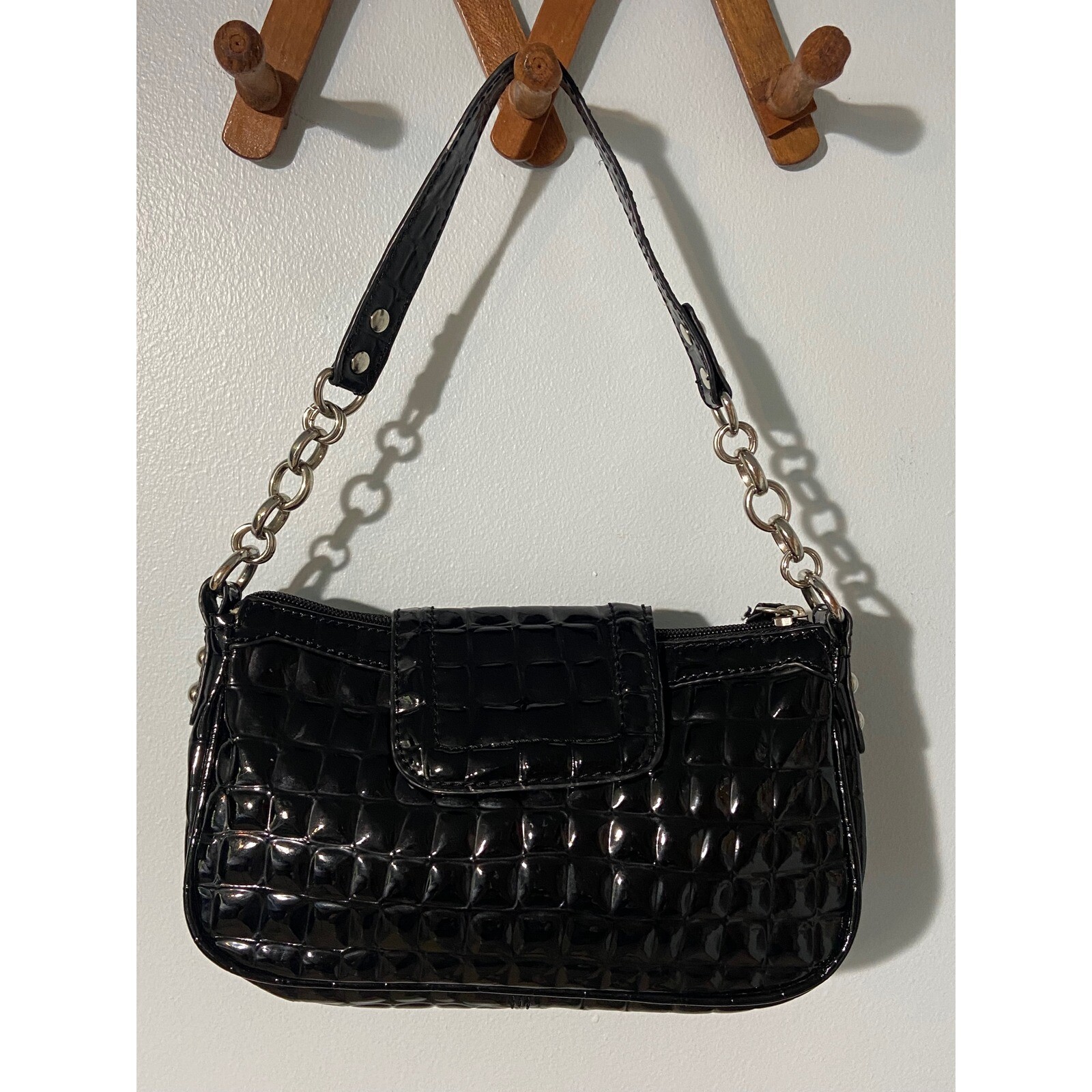 Y2K Guess Black Mini Shoulder Bag VGUC Silver Hrdwr Patent Lthr Croc Emboss VGUC