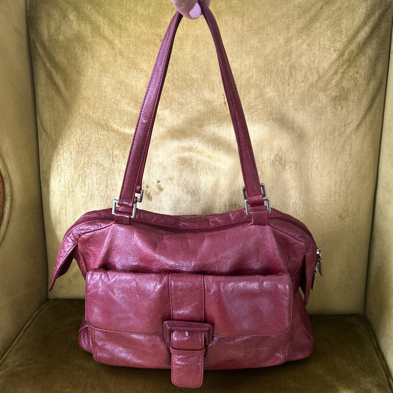 HOBO International Y2K Dark Red Shoulder Bag with Buckle Detail Leather
