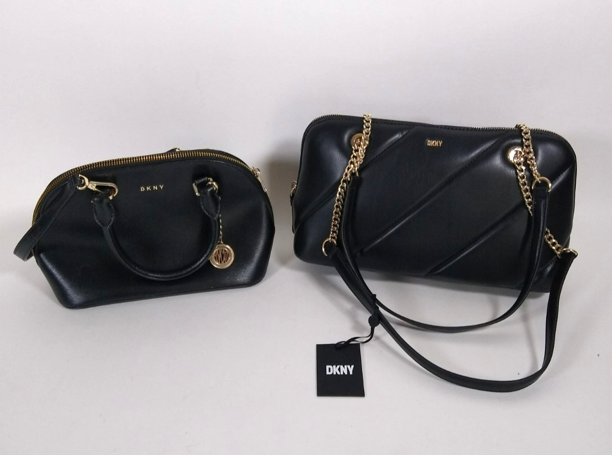 DKNY lot of 2 purse handbags, black leather, one w/ shoulder strap, other NWT