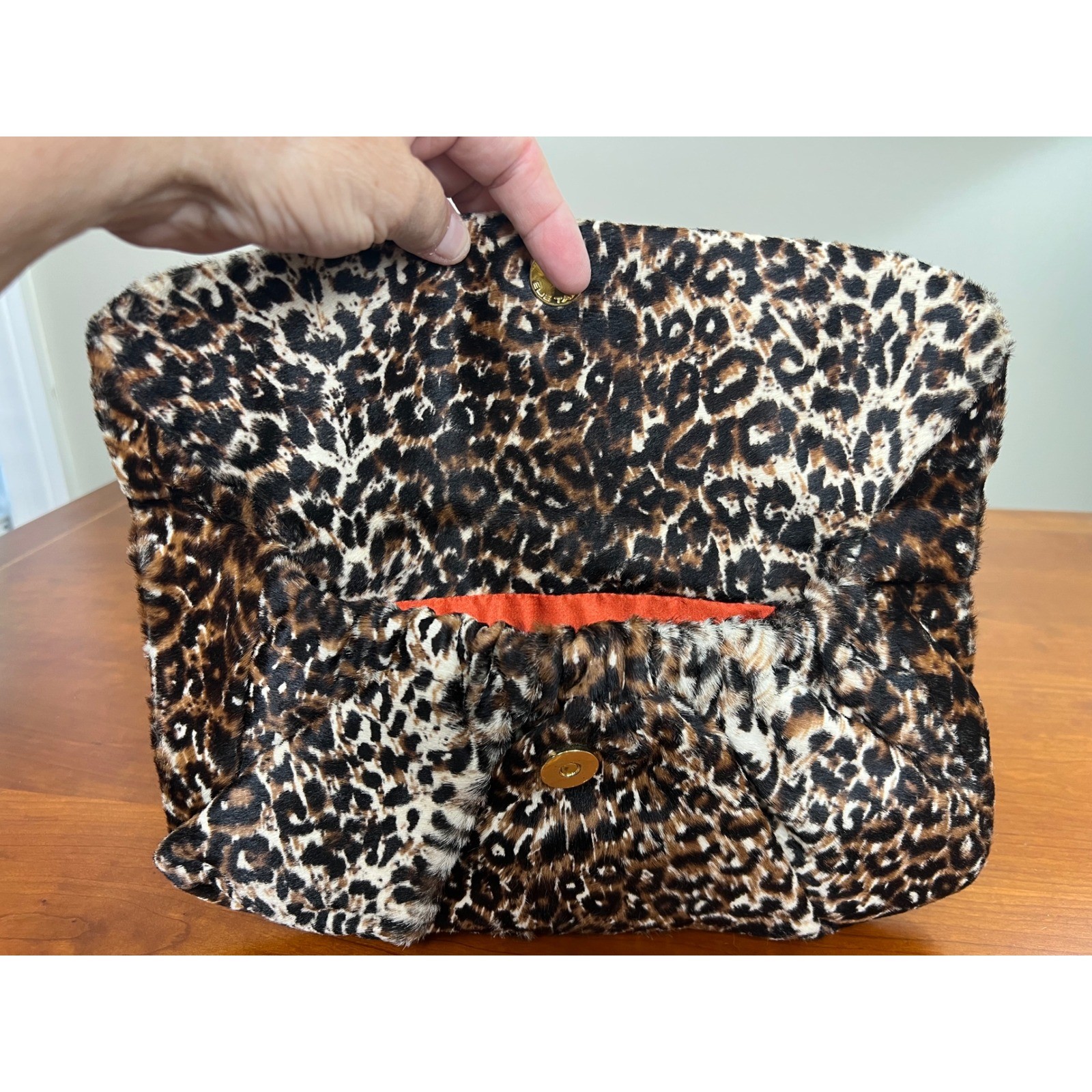 Elie Tahari Leopard Print Calf Hair Oversized Foldover Clutch Bag Brown Orange