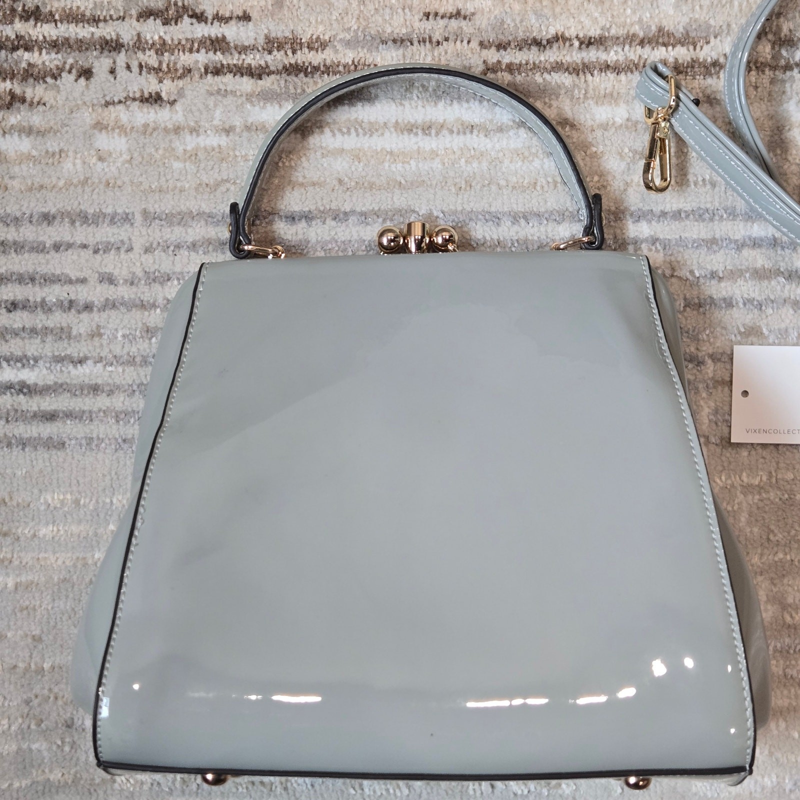 Vixen Collection Top Handle Shoulder Bag Purse Gray Ball Latch Patent Vintage