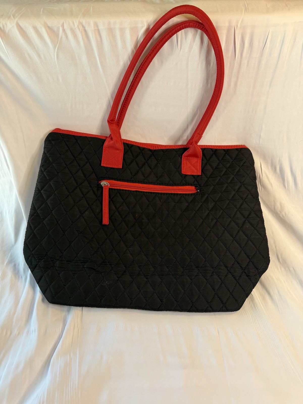 Black Quilted Tote Bag Purse With Red Straps and Trim
