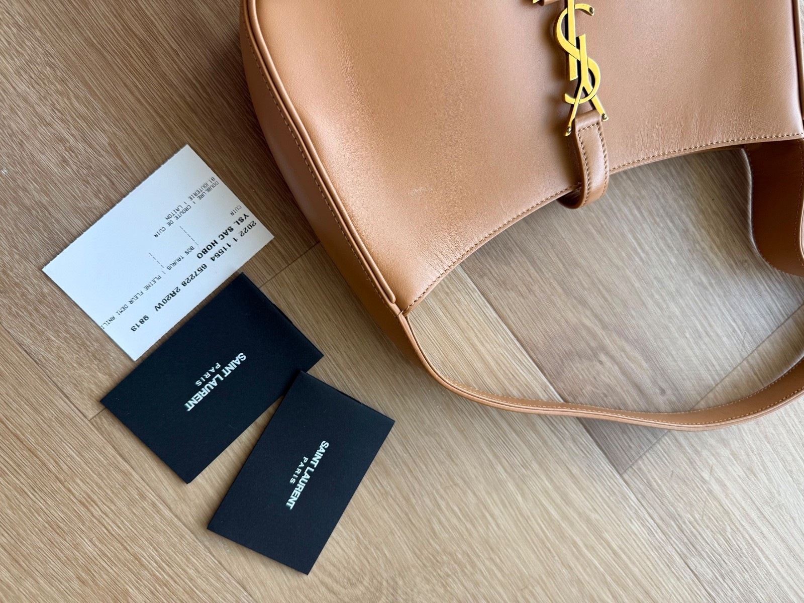 SAINT LAURENT LE 5 A 7 Hobo Shoulder Bag Calfskin Beige