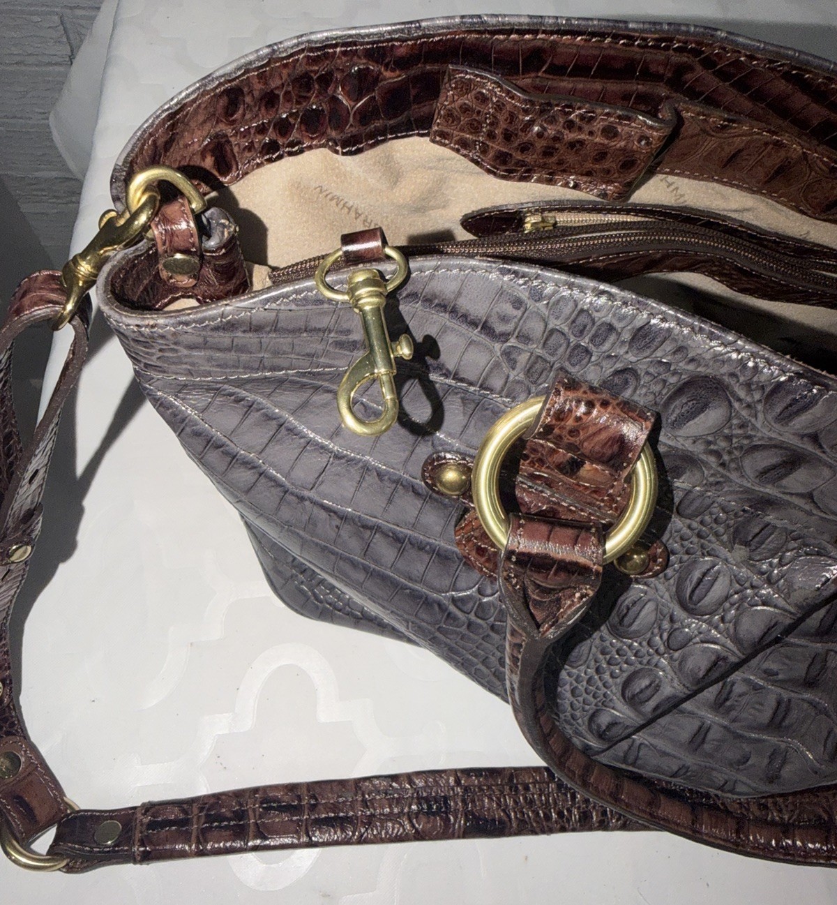 Brahmin Gray Brown Crocodile Embossed Leather Satchel Crossbody Handbag