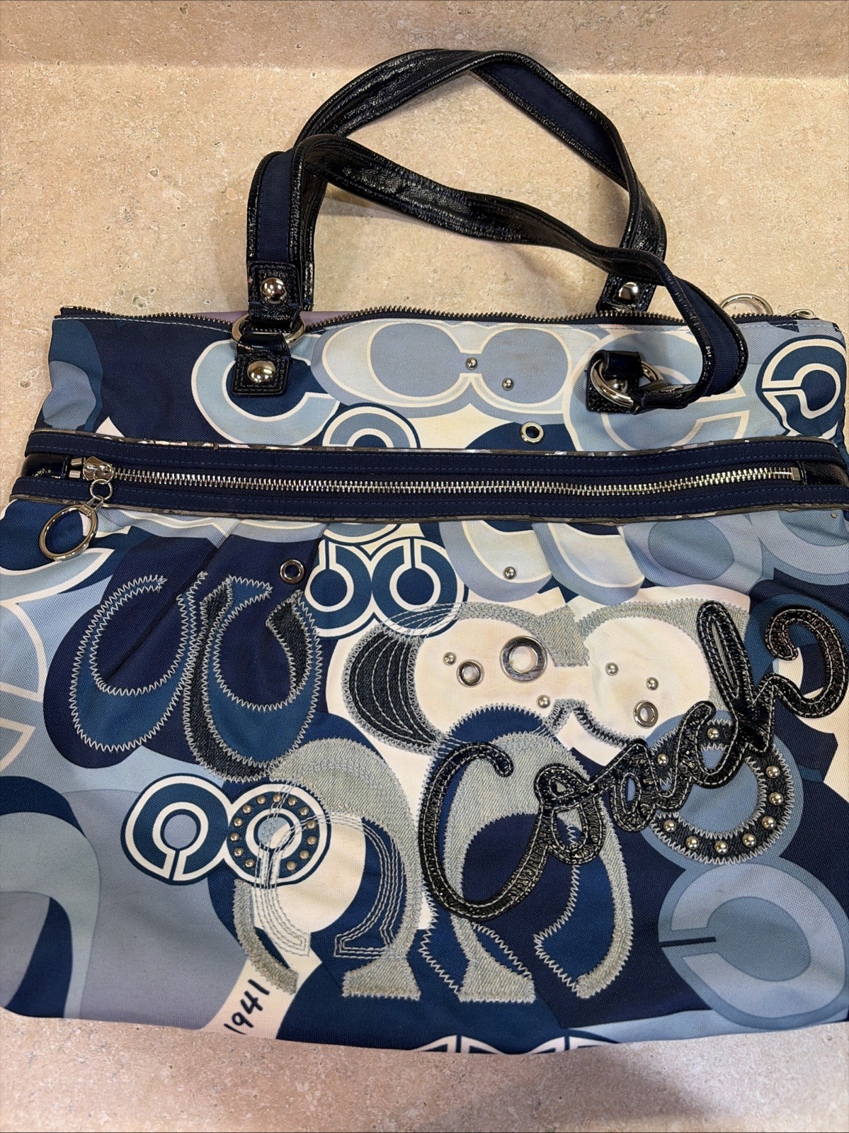 Coach Poppy Groovy Glam Tote Bag Blue Op Art Signature Print Shoulder Bag Y2K