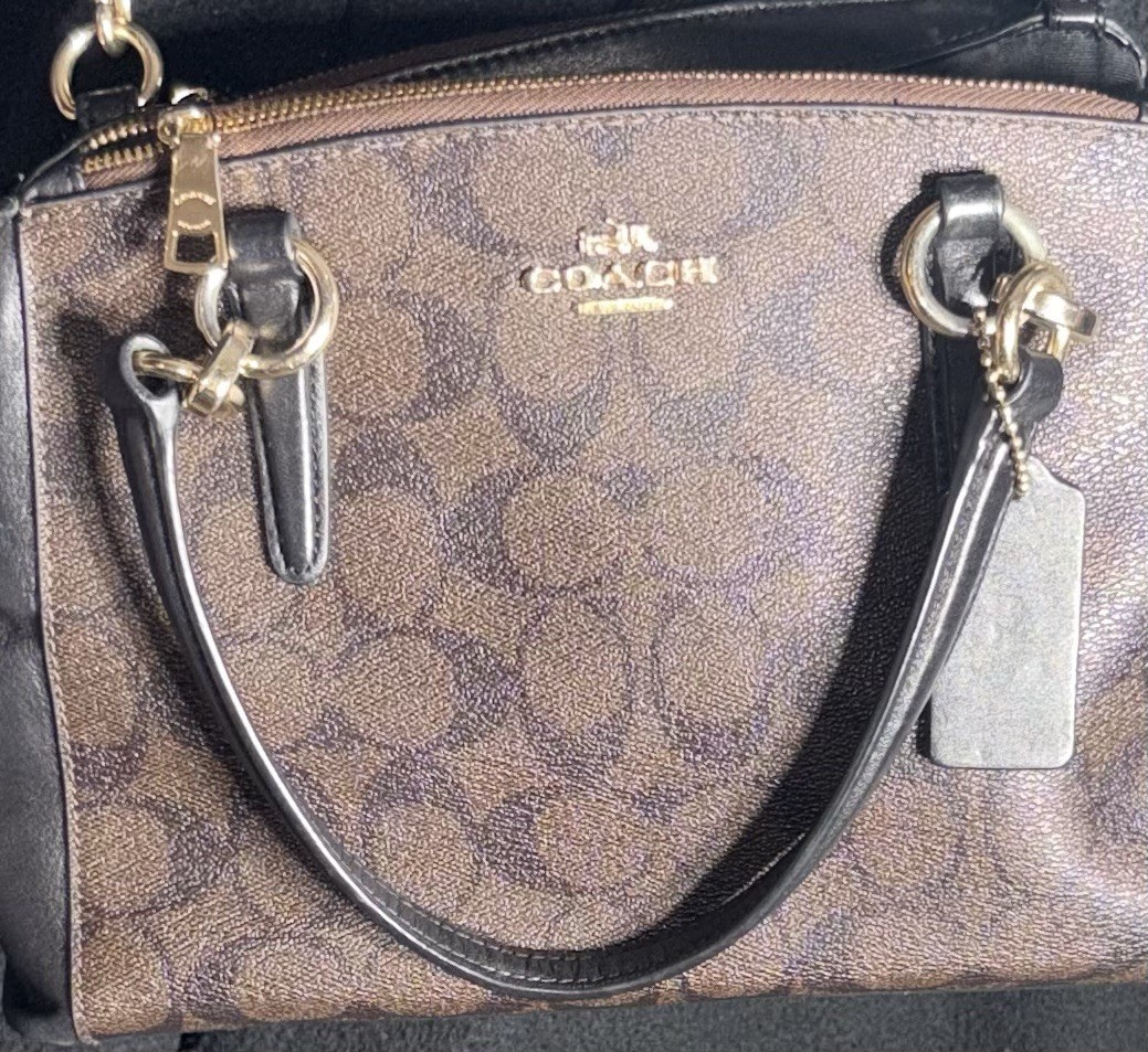 Coach Signature C Logo Brown/Black Small Satchel Top Handle Zip Gold Charm