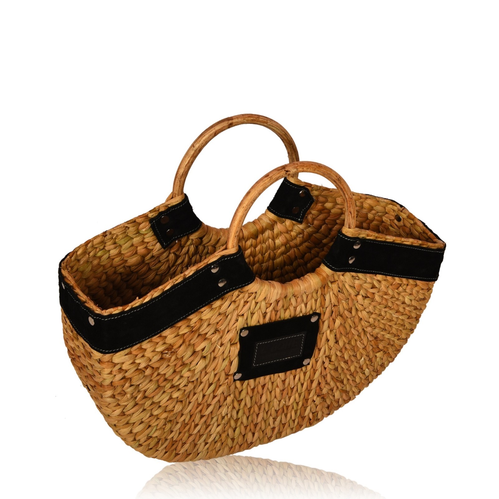 L Bohe Seagrass SemiCircle Basket, Handcrafted with Leather Straps – BLACK/BROWN