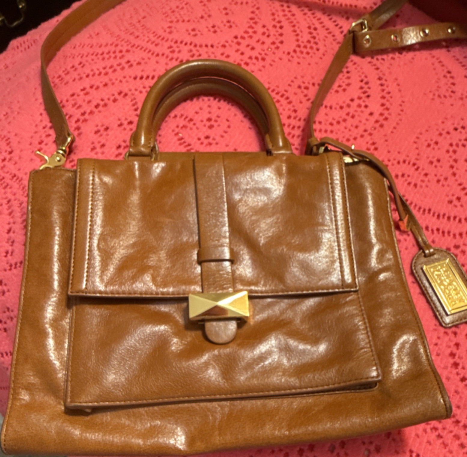 Badgley Mischka Brown Satchel Top Handle Turn Lock Detachable Strap