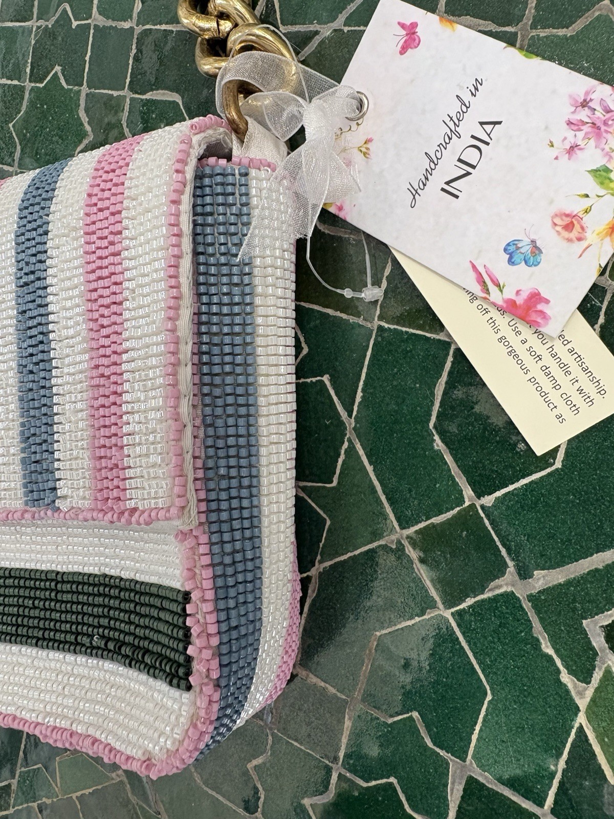 Beaded Bag Stripe Blue Pink White Chunky Gold Chain Viral Rare Made India Purse