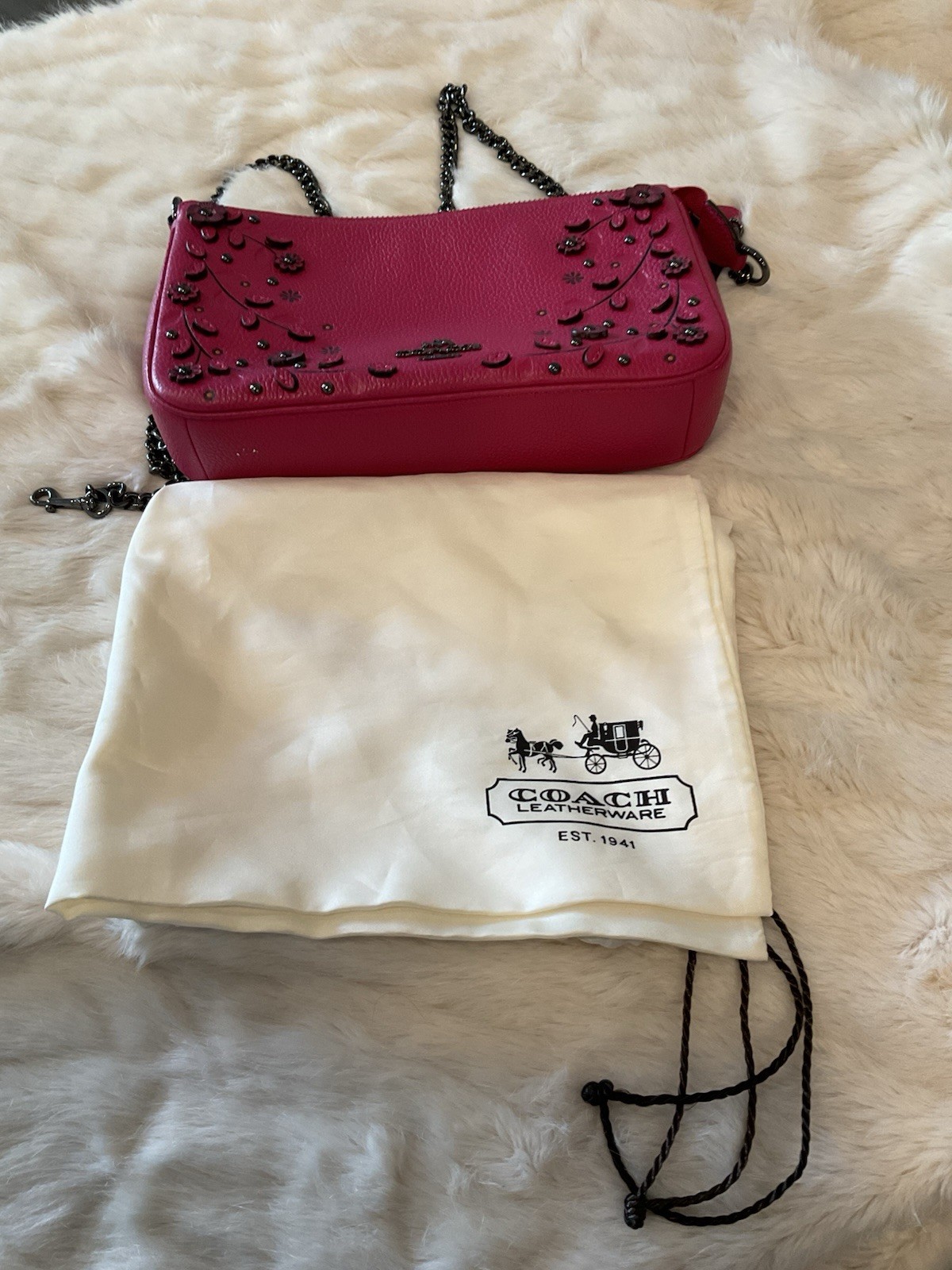 Coach Pink Floral Studded Small Crossbody, Zip, Chain Strap, Dust Bag