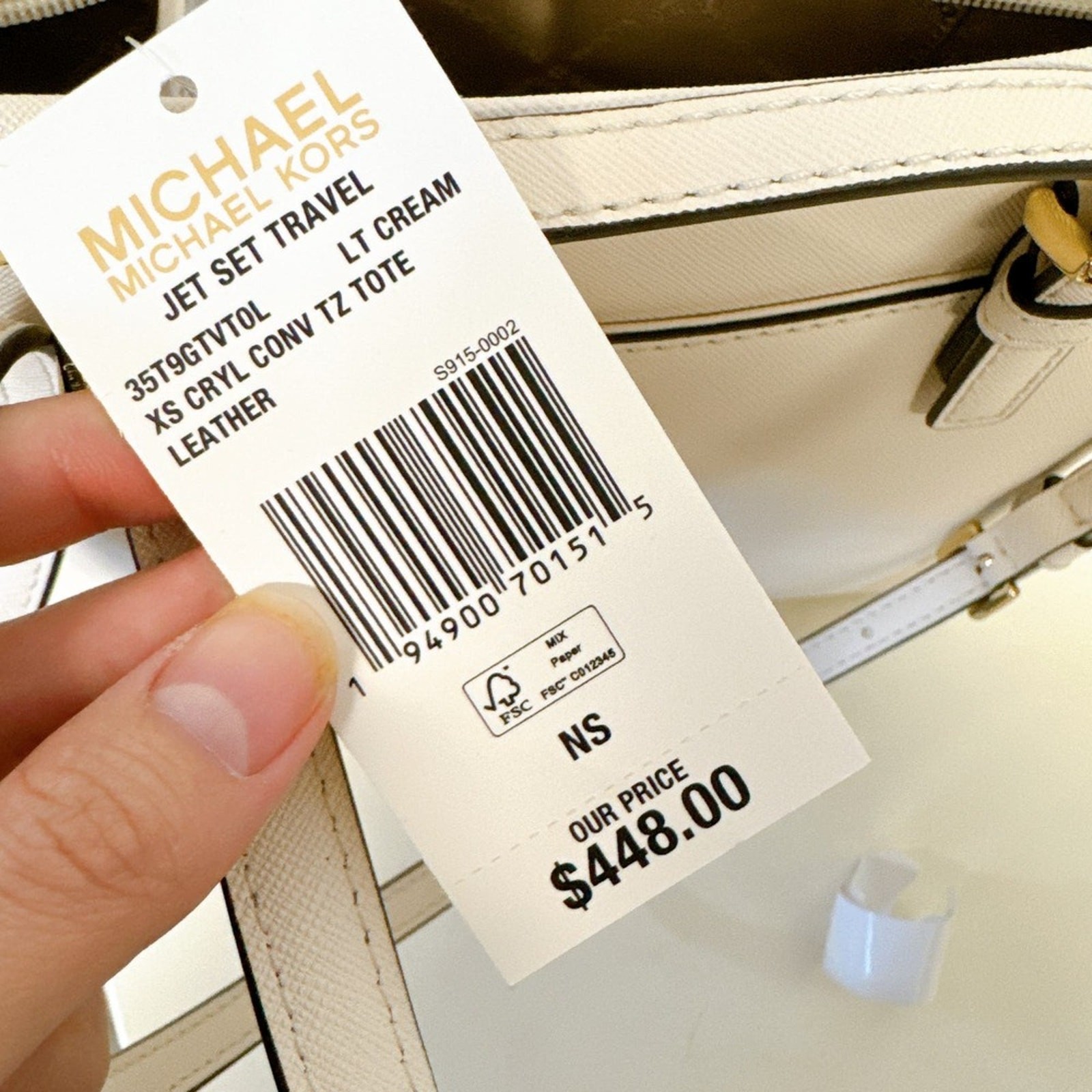 Michael Kors 35T9GTVT0L Jet Set Travel Extra-Small Saffiano Leather IN CREAM